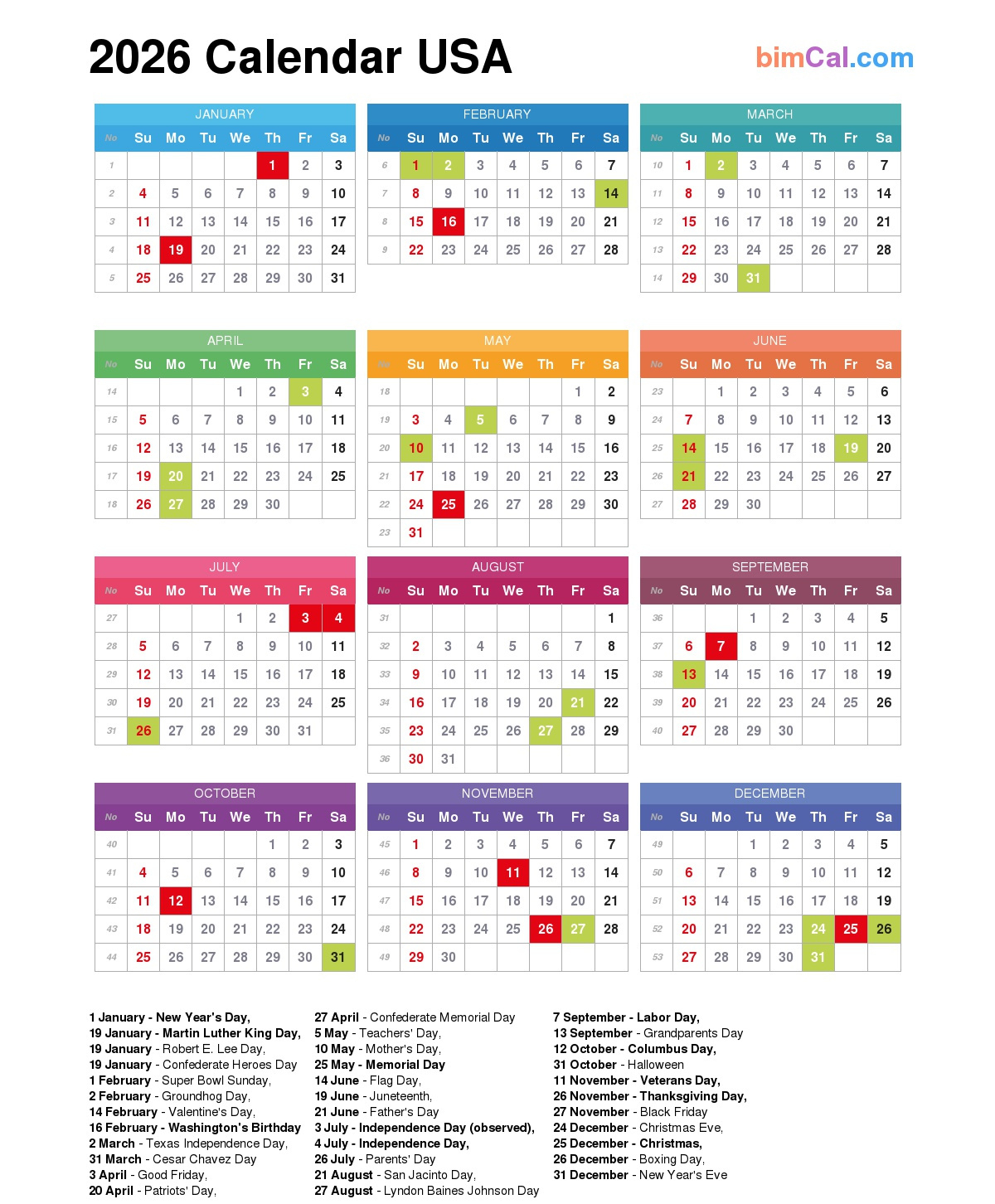2026 Calendar Usa - Bimcal with regard to Calendar For Year 2026 (United States)