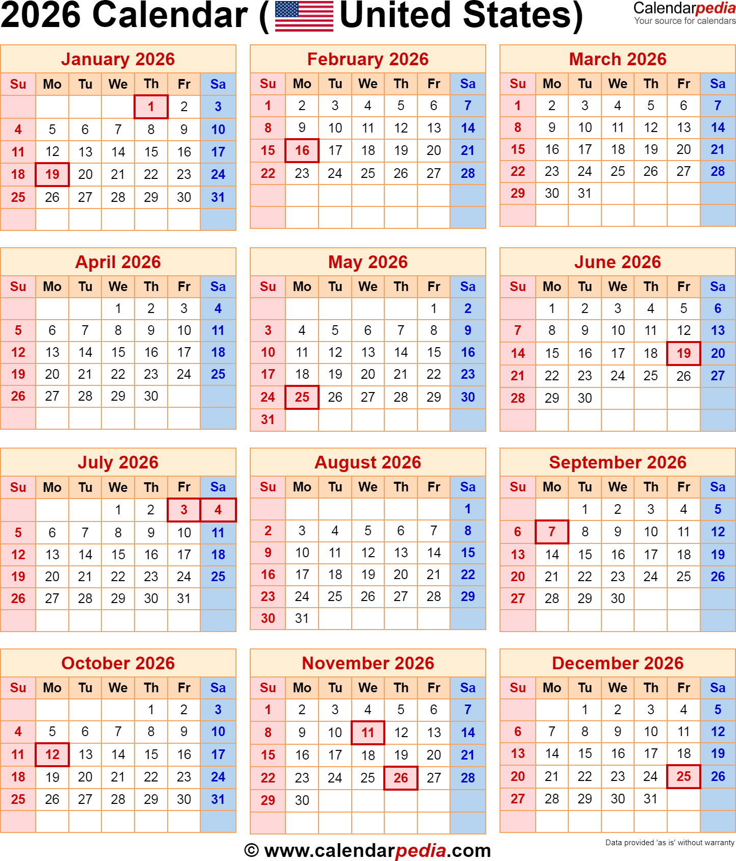 2026 Calendar With Federal Holidays for Presidents Day 2026 Calendar Printable