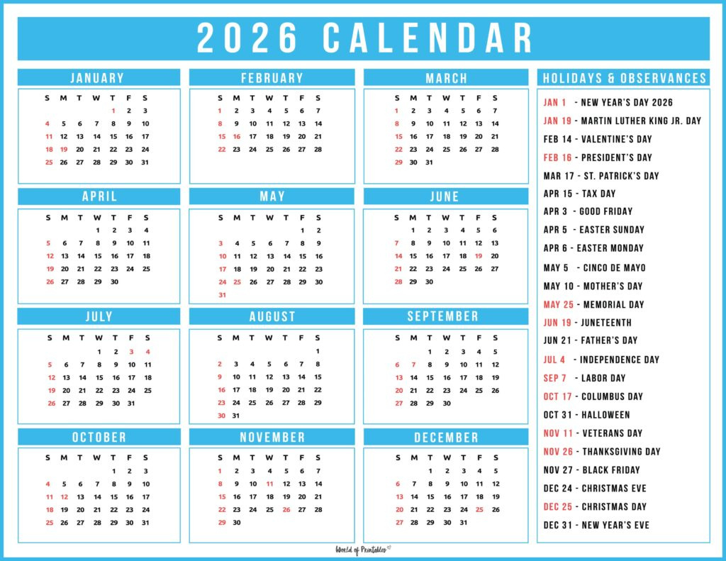 2026 Calendar With Holidays (Free Printable Pdfs) - World Of with Holiday Calendar 2026 Printable