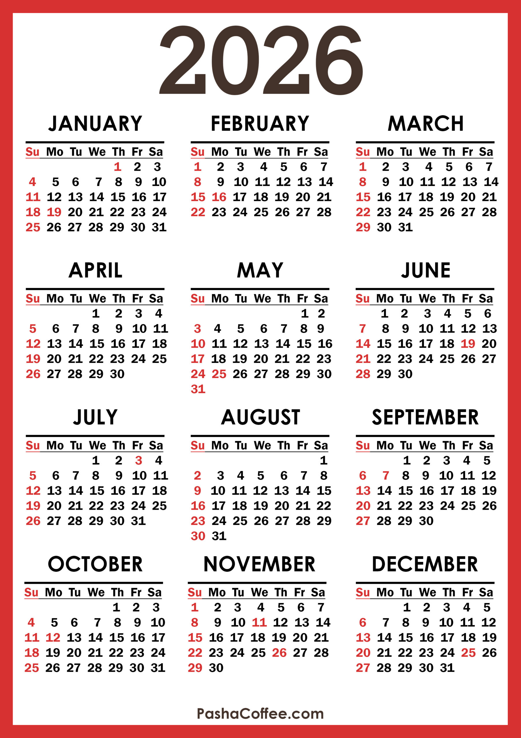 2026 Calendar With Holidays, Printable Free, Vertical, Red in 2026 Calendar with Holidays Printable