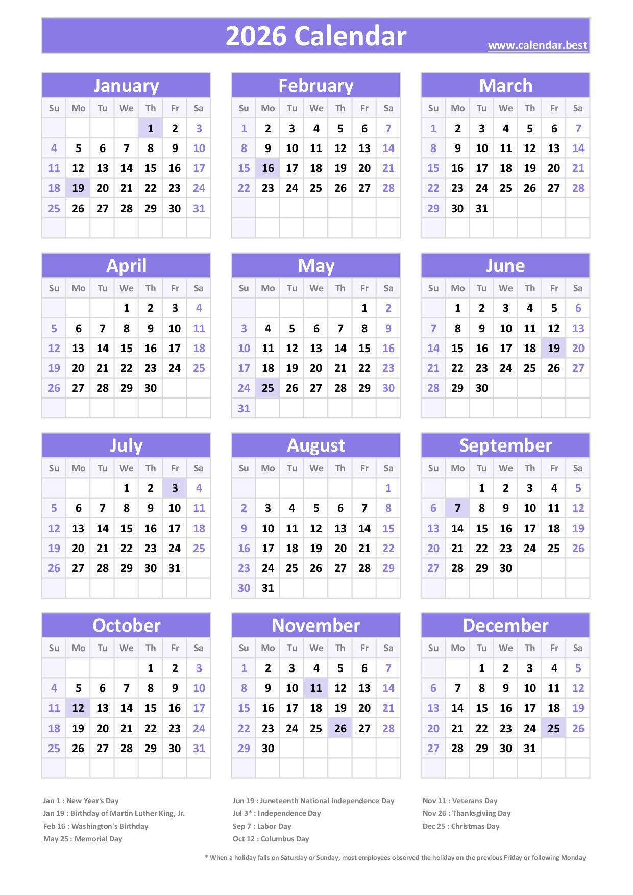2026 Calendar With Holidays (Us Federal Holidays) within General Blue Calendar 2026 Printable
