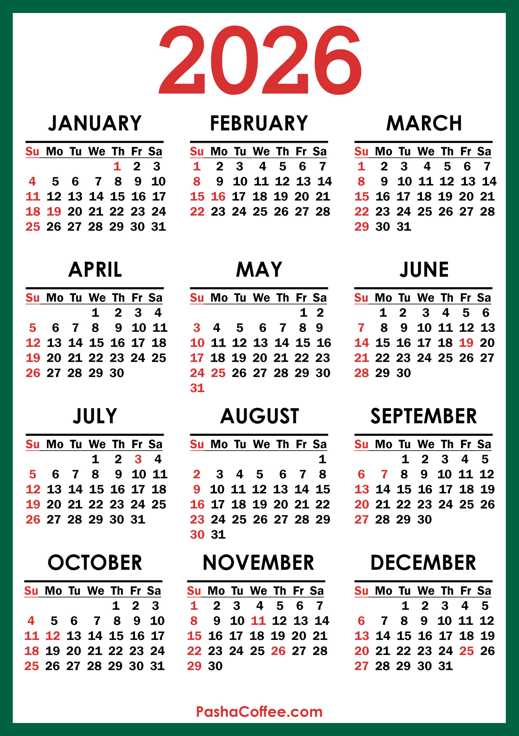 2026 Calendar With Us Holidays, Printable Free, Vertical inside 2026 Calendar Printable with Holidays USA