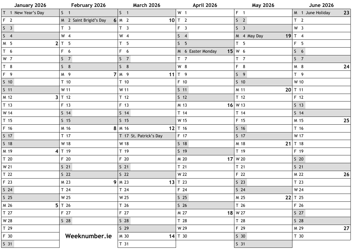 2026 Calendar With Week Numbers And Holidays For Ireland inside 2026 Calendar Printable Ireland