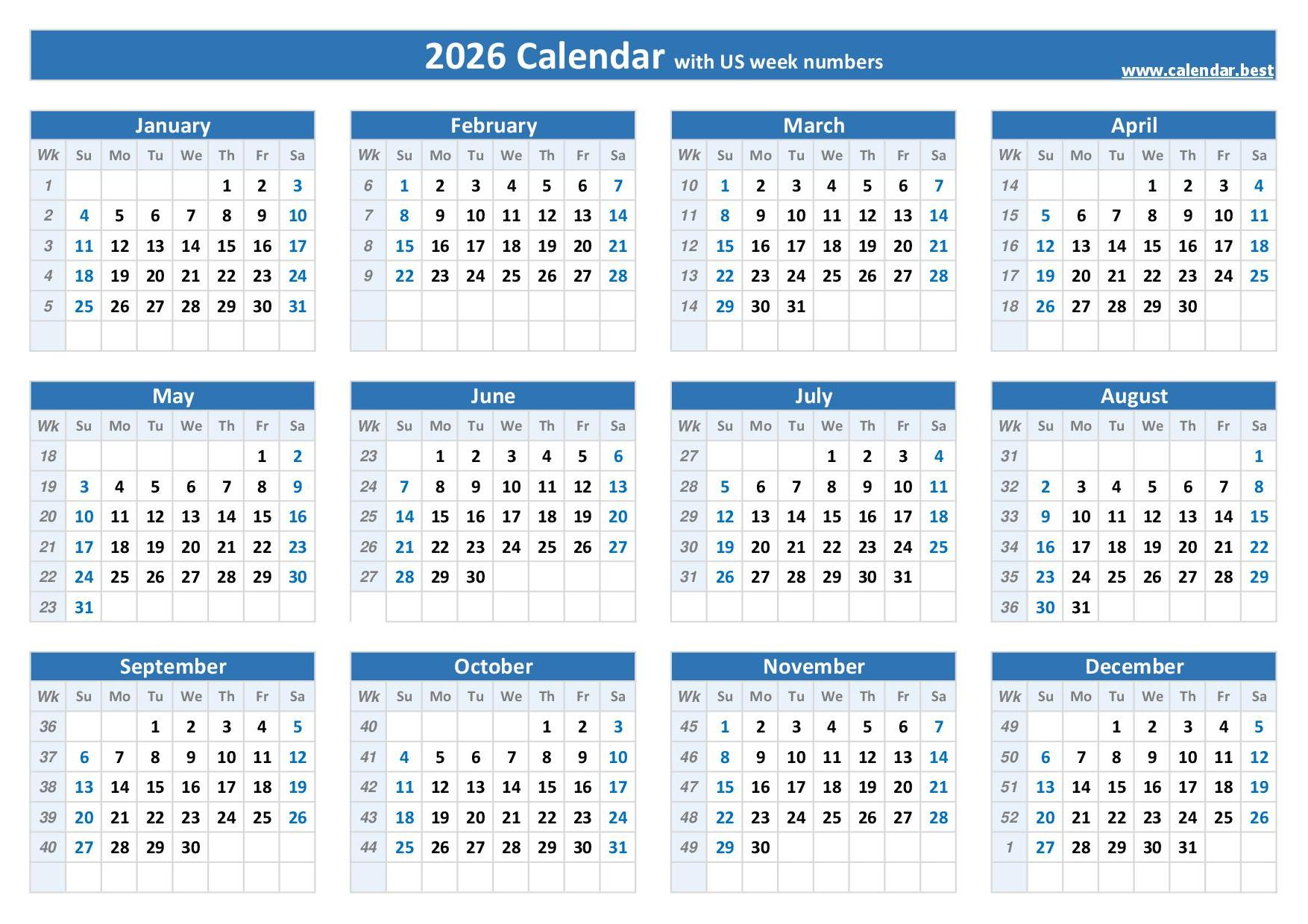 2026 Calendar With Week Numbers with Weekly Calendar 2026 Printable
