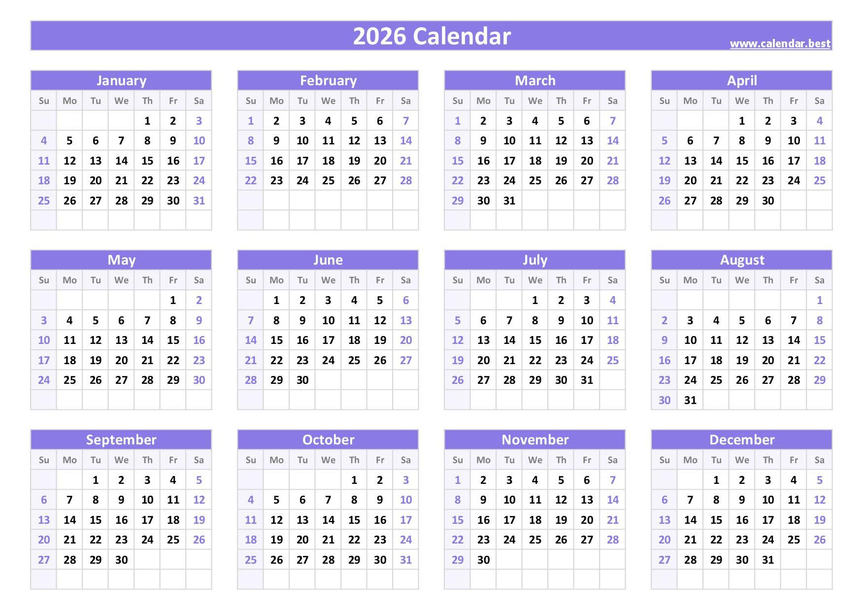 2026 Calendar With Week Numbers within 12 Month Calendar 2026 Printable