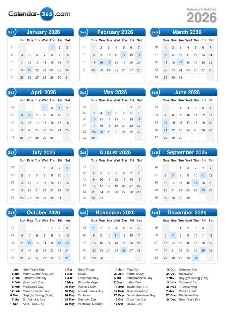 2026 Yearly Calendar with Holidays