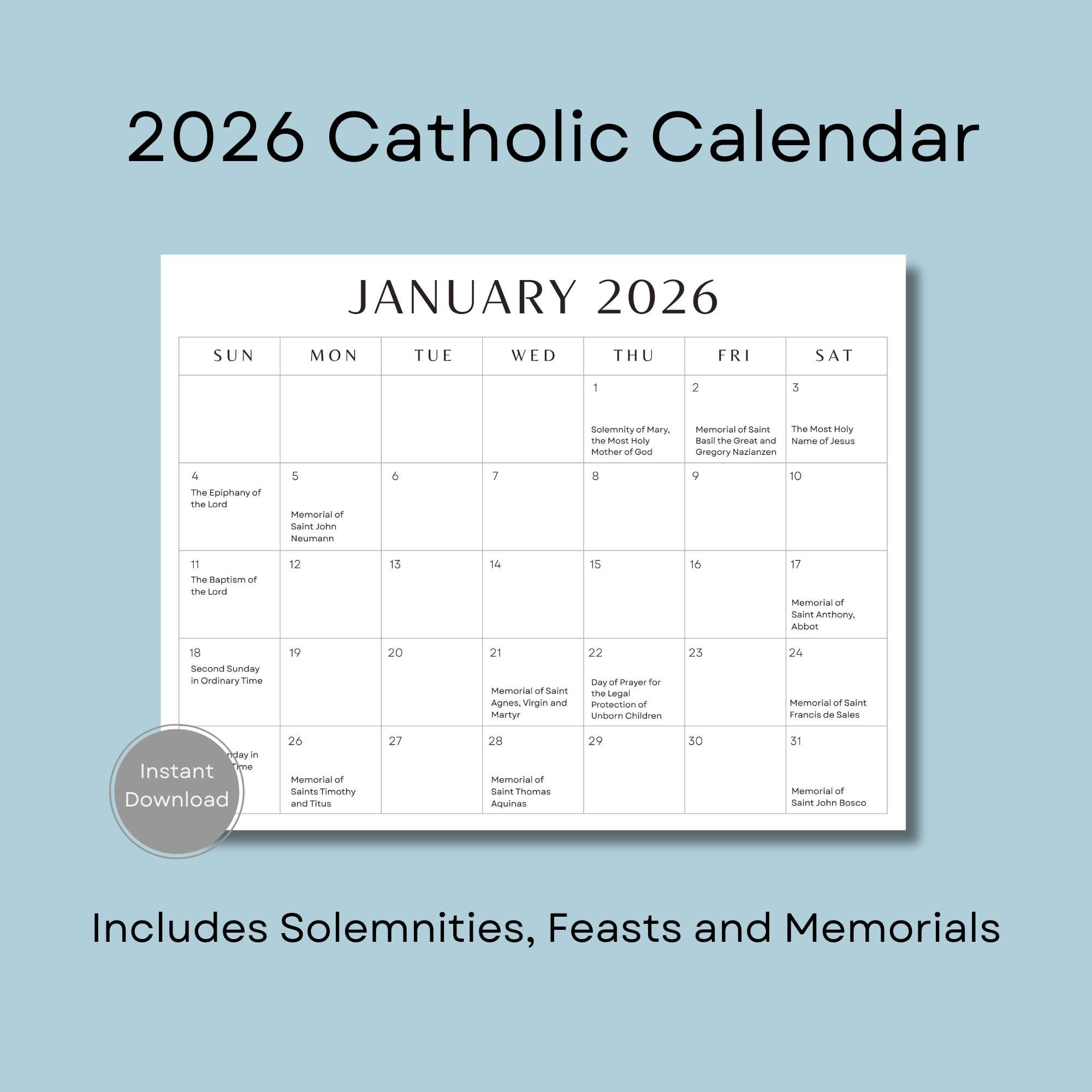 2026 Catholic Calendar, Printable Catholic Calendar, Feasts regarding Catholic Church Calendar 2026