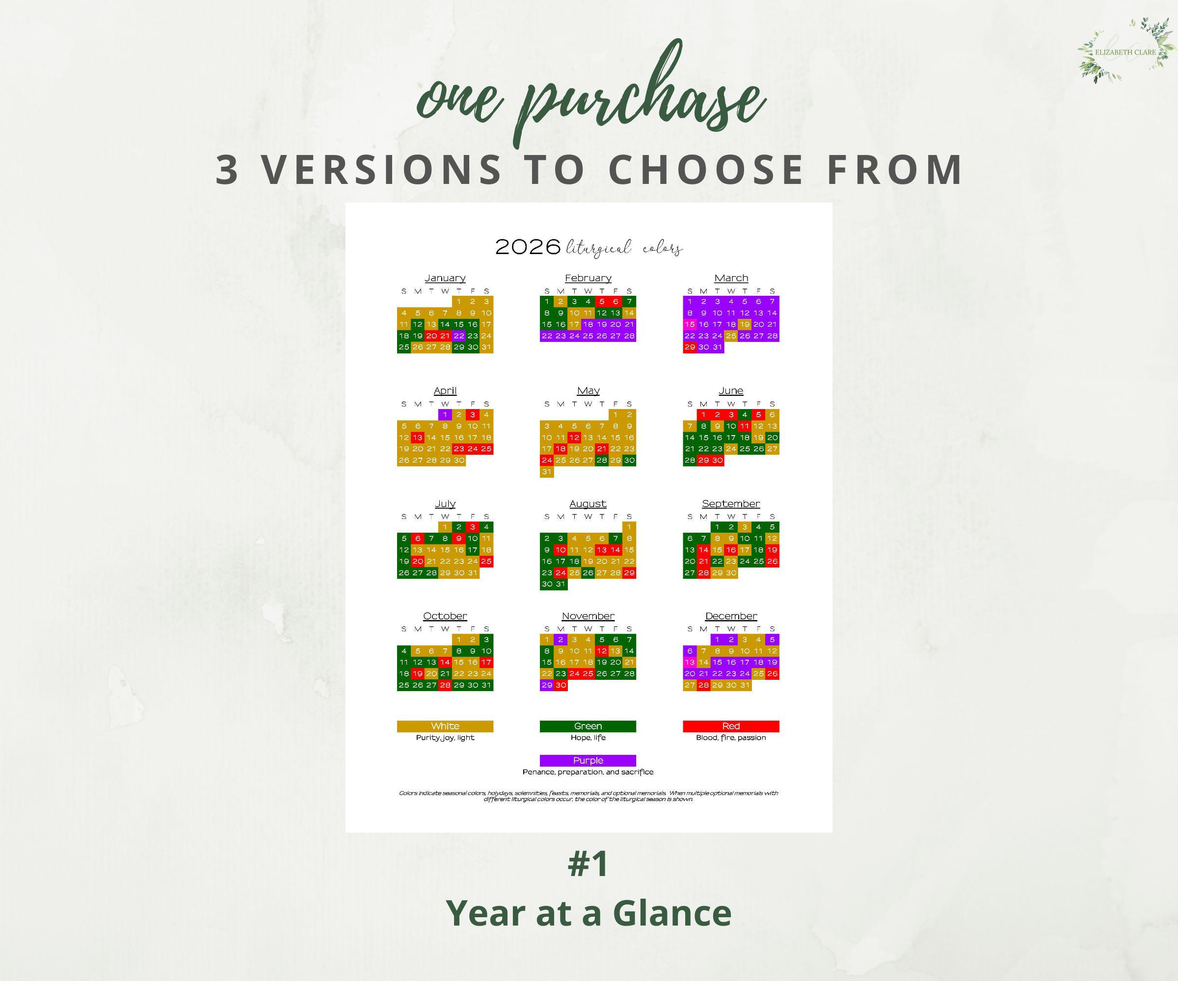 2026 Catholic Liturgical Year Calendar At A Glance: Liturgical inside Pcusa Liturgical Calendar 2026