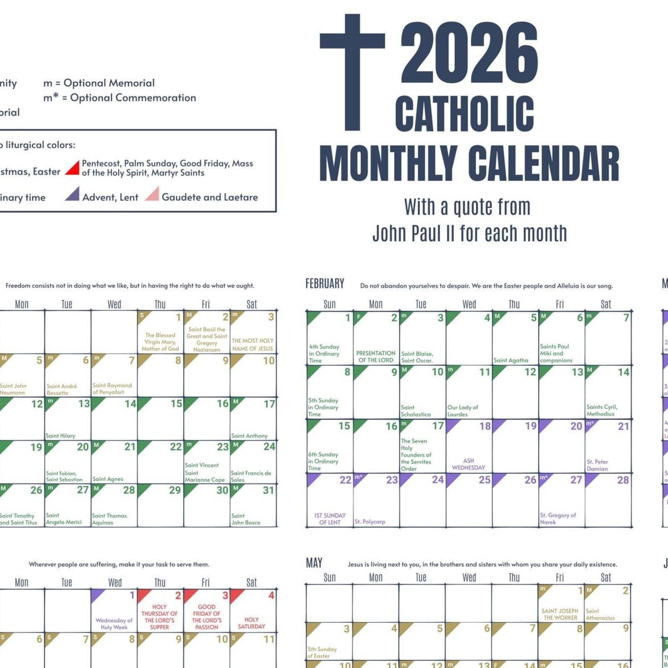 2026 Color-Coded Liturgical Calendar - Instant Download Catholic for Catholic Liturgical Calendar For 2026