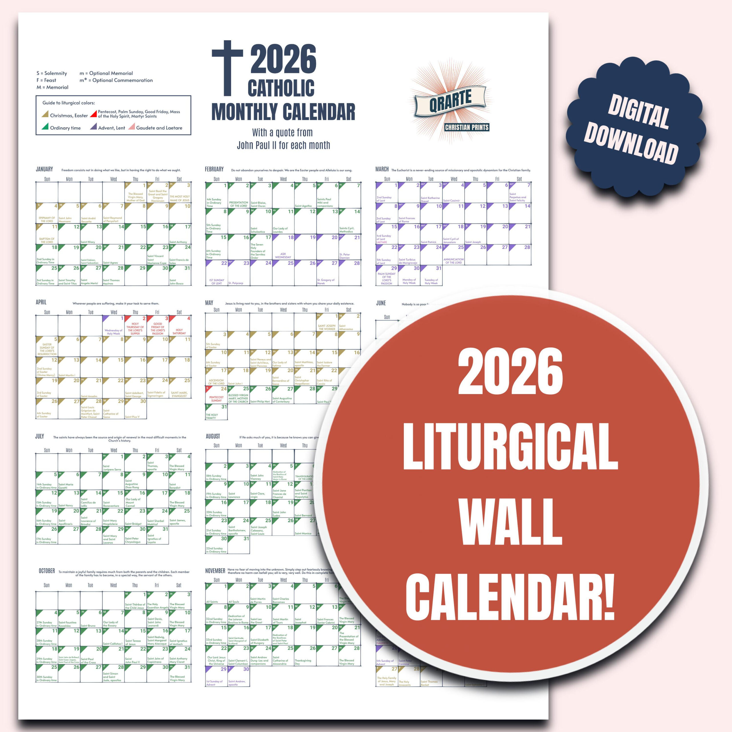 2026 Color-Coded Liturgical Calendar - Instant Download Catholic with Liturgical Calendar 2026 Australia
