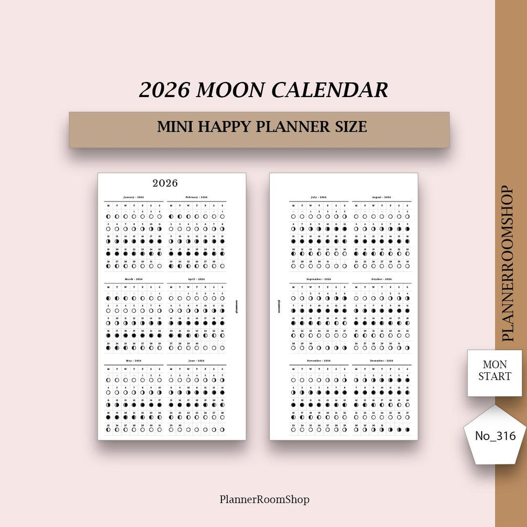 2026 Dated Moon Calendar, Printable Inserts, Moon Phase Calendar for Full Moon Calendar 2026 Australia