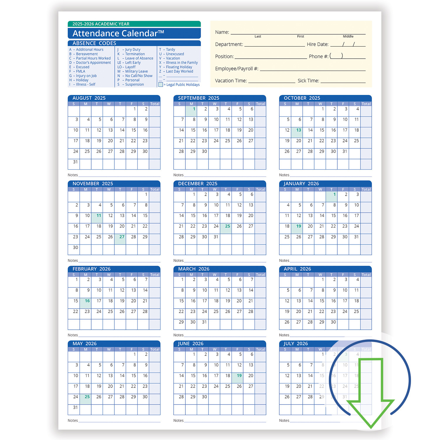 2026 Downloadable Academic Year Employee Attendance Calendar regarding Attendance Calendar 2026 Free
