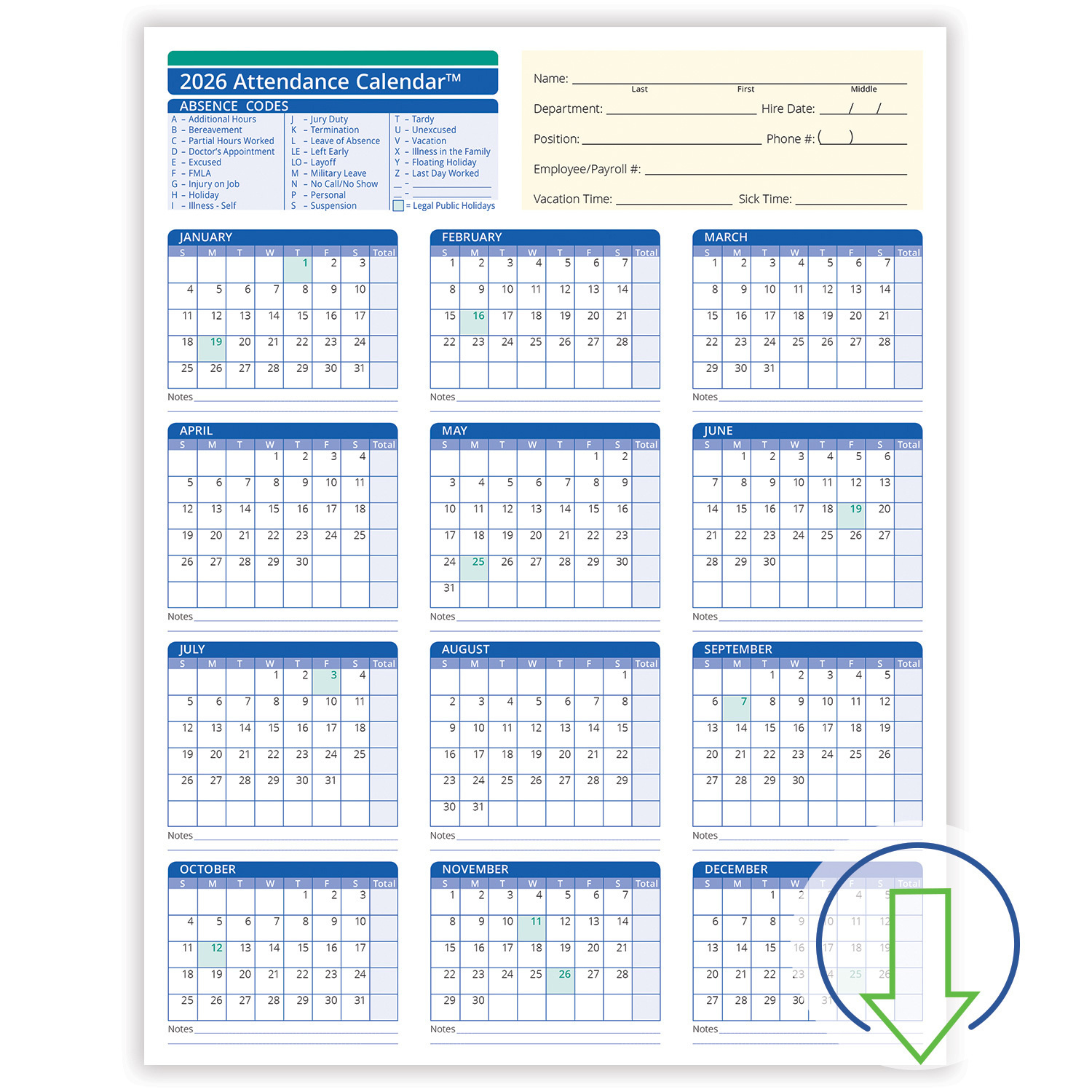 2026 Downloadable Employee Attendance Calendar | Hrdirect in Employee Attendance Record 2026
