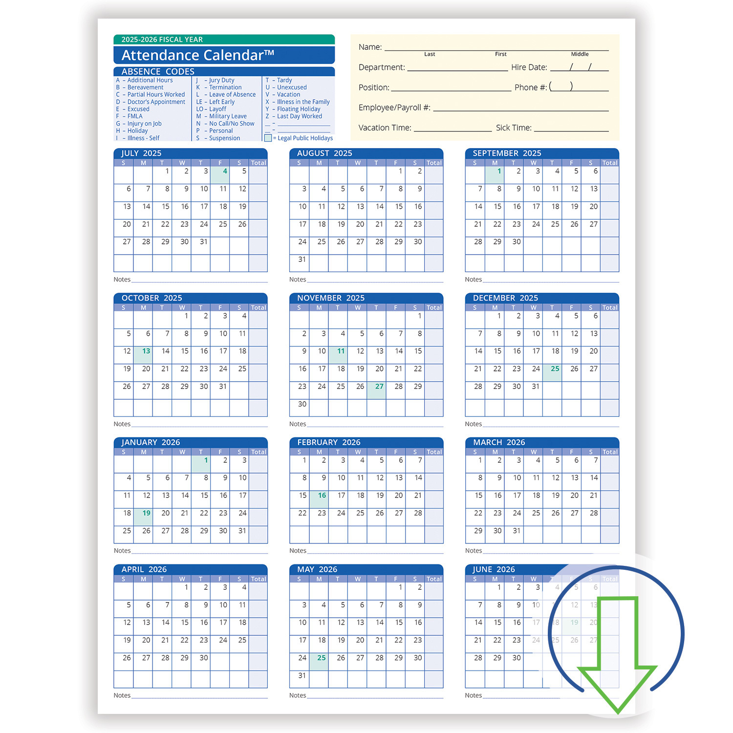 2026 Downloadable Fiscal Year Employee Attendance Calendar | Hrdirect in 2026 Attendance Calendar Printable Free