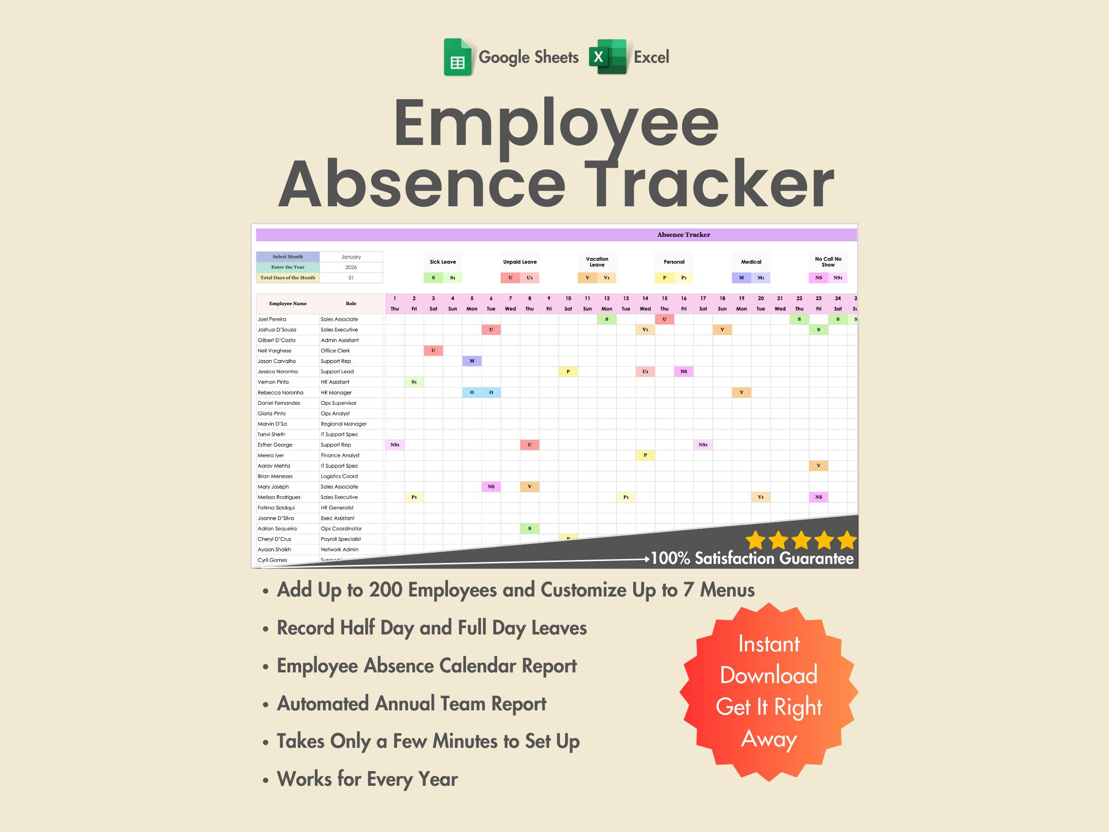 2026 Employee Absence Tracker, Excel, Google Sheets, Pto Planner with regard to Staff Attendance For January 2026