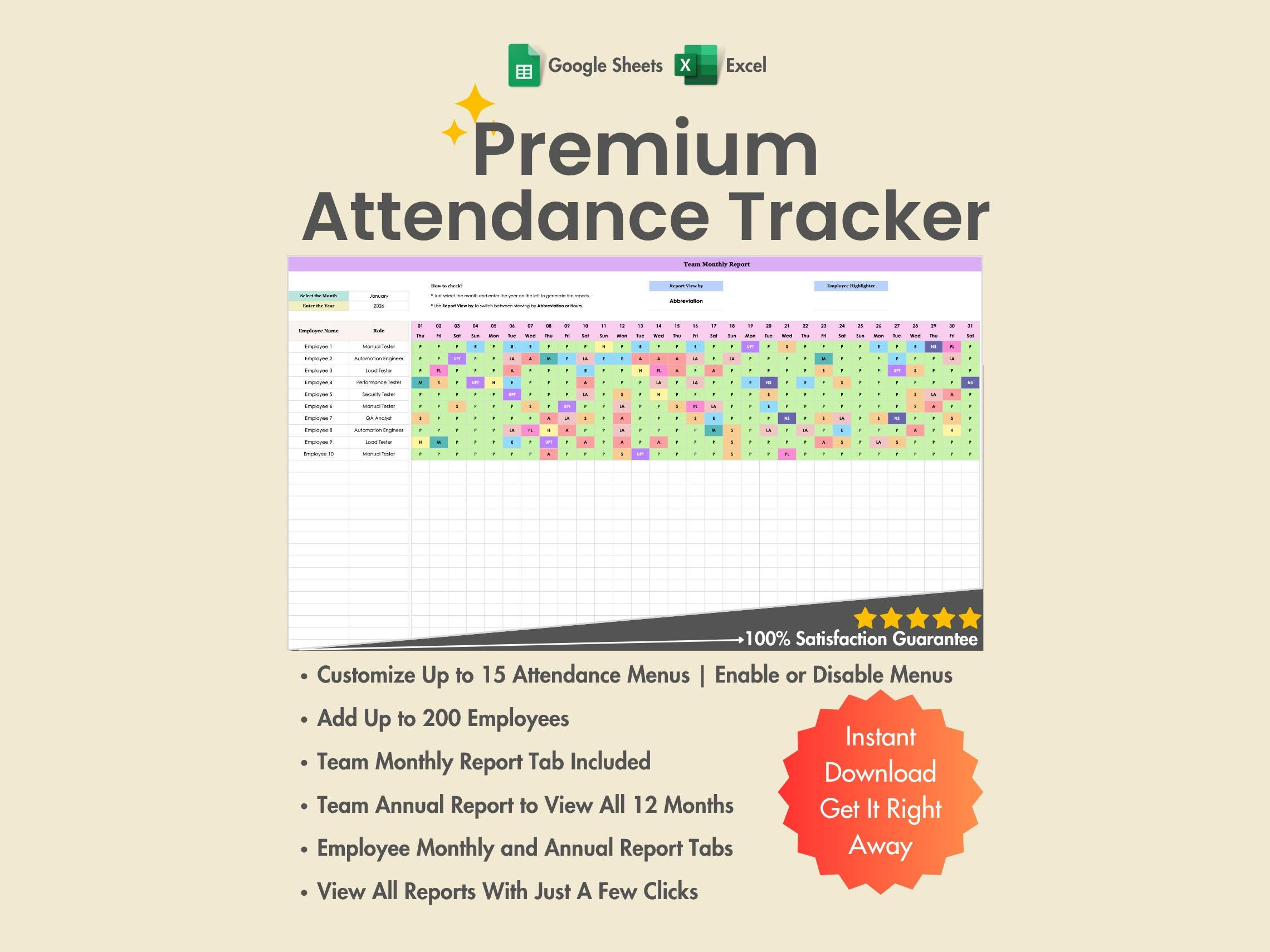 2026 Employee Attendance Tracker, Excel, Google Sheets, Pto, Sick throughout Attendance Sheet January 2026