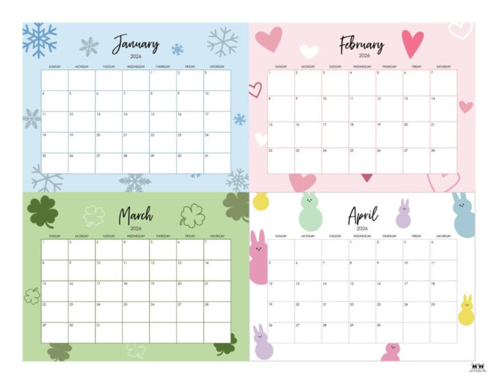 January to April 2026 Calendar Printable January to April 2026 Calendar Printable