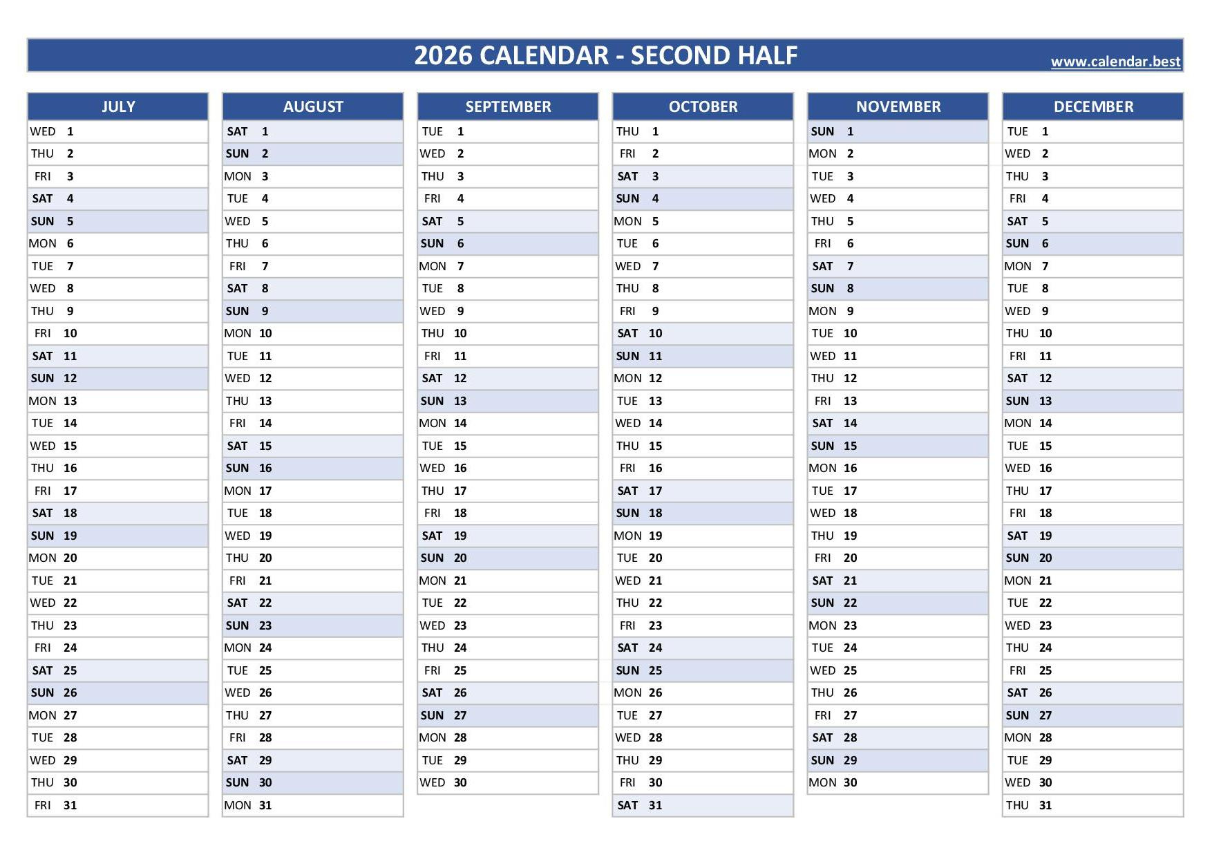 2026 Half Year Calendar To Print intended for 6 Month Printable Calendar 2026