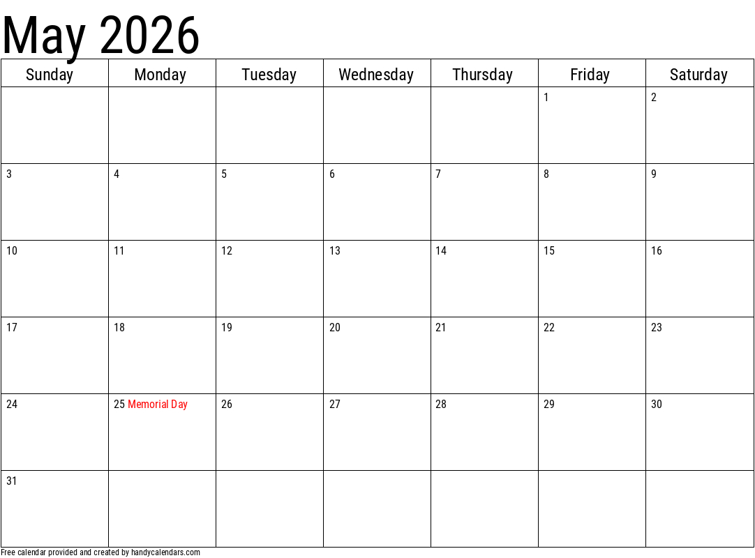 2026 May Calendars - Handy Calendars within May Calendar 2026 Printable