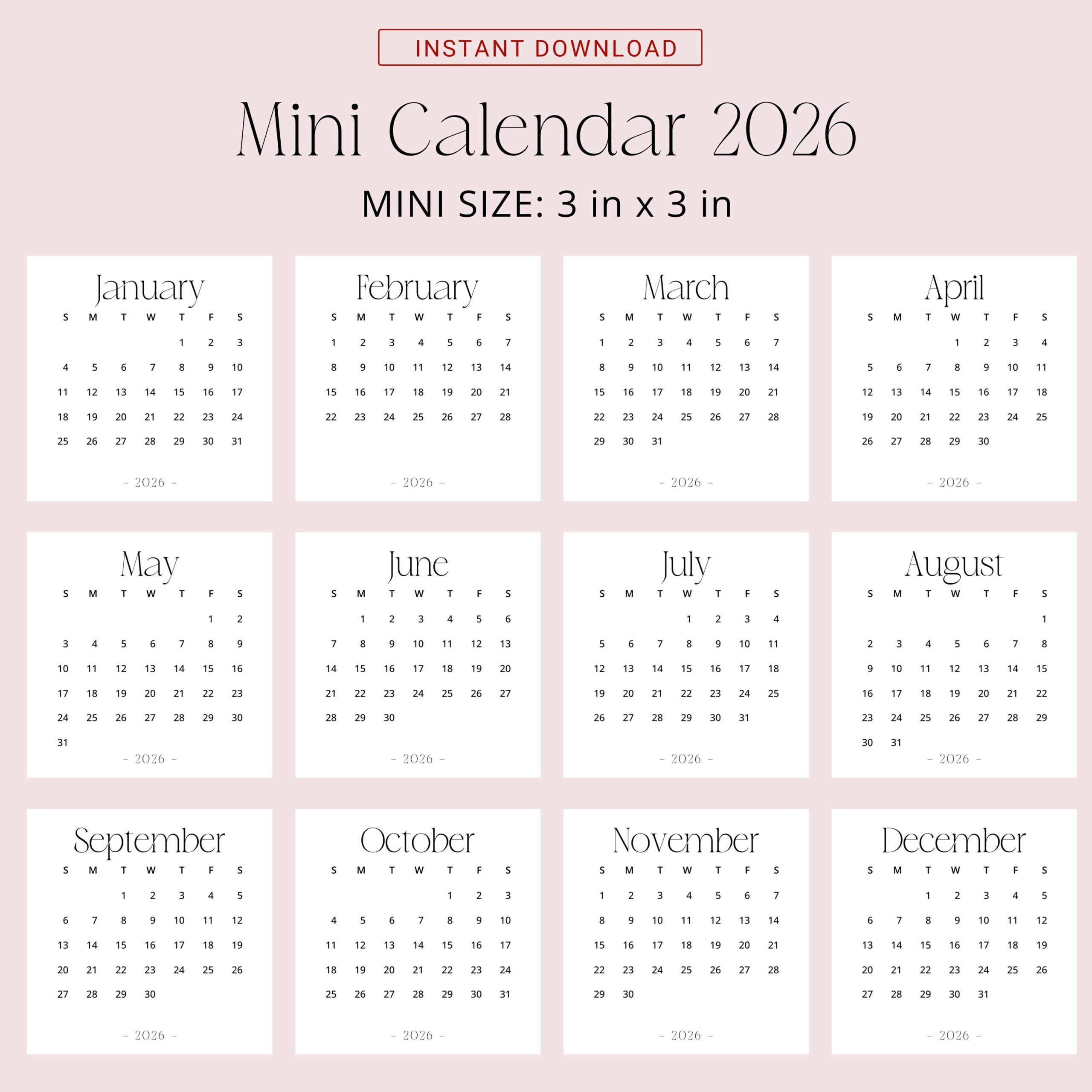 2026 Mini Calendar 3X3 2026 Calendar Small Printable Pdf 2026 with regard to Mini Calendar 2026 Printable