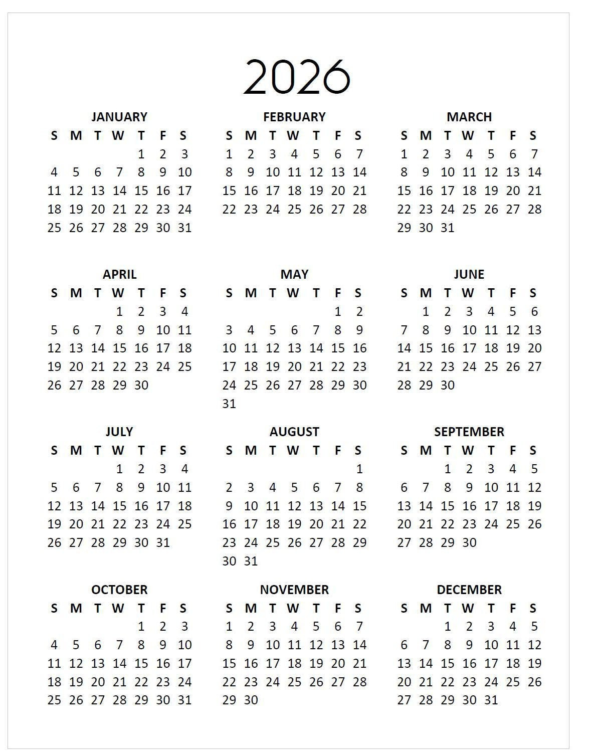 2026 Minimalist Calendar: Year At-A-Glance Printable (Instant with Calendar 2026 Printable Ireland