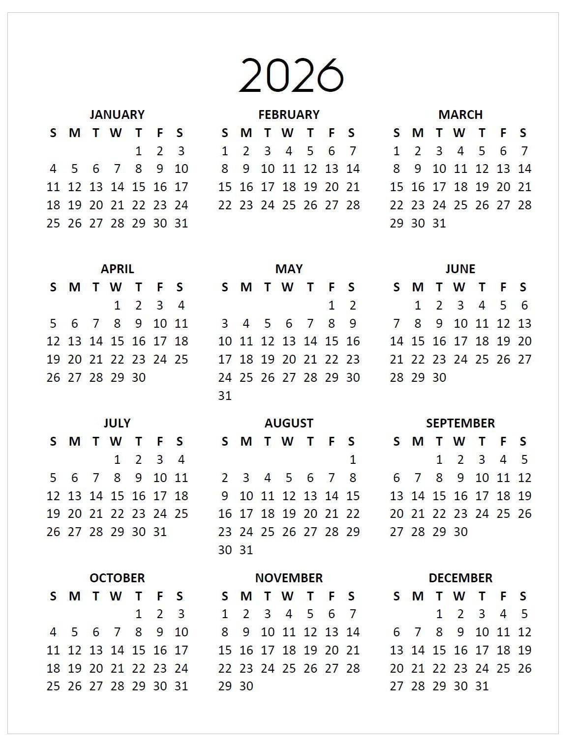 2026 Minimalist Calendar: Year At-A-Glance Printable (Instant within 2026 Calendar Printable Ireland