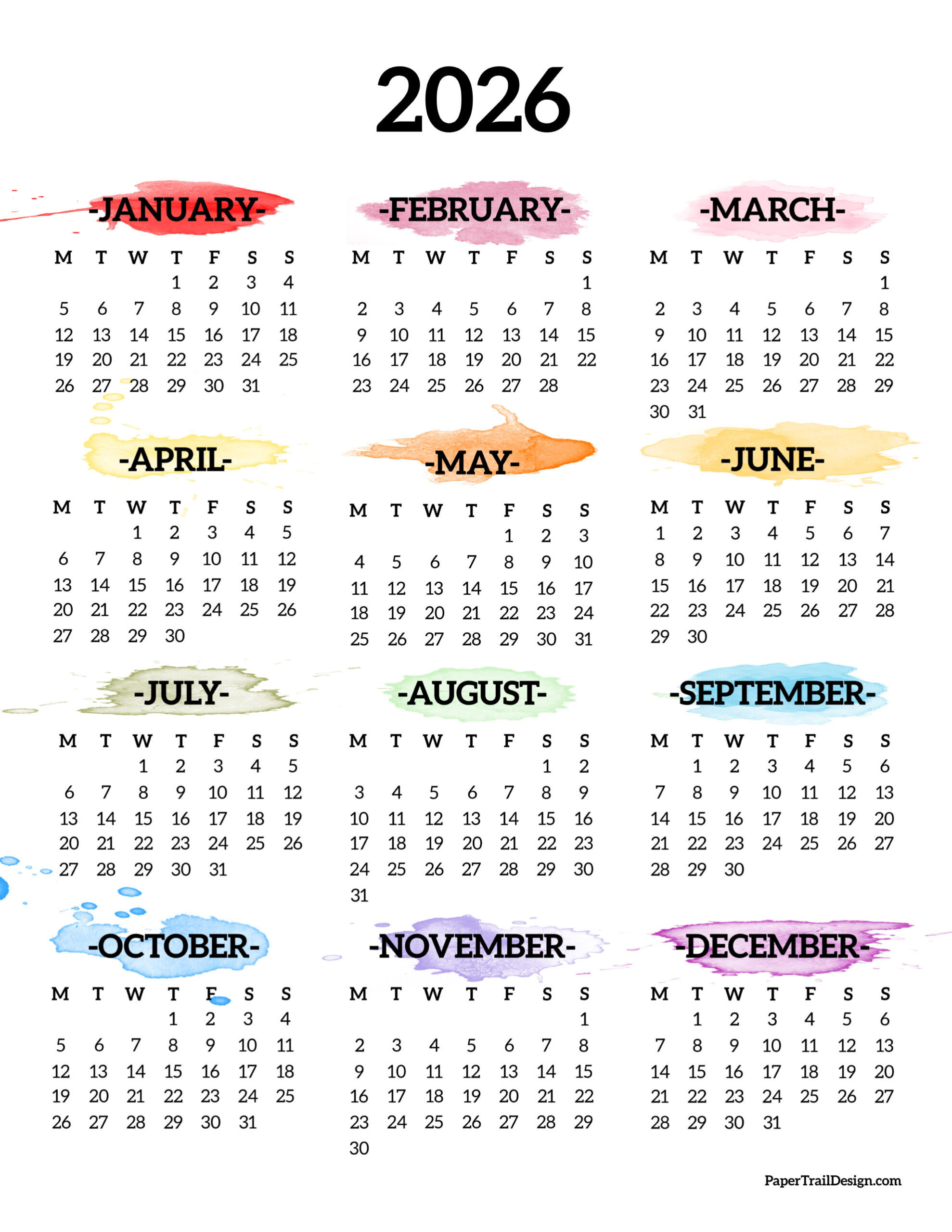 2026 Monday Start Calendar One Page - Paper Trail Design inside Calendar 2026 Printable Monday Start