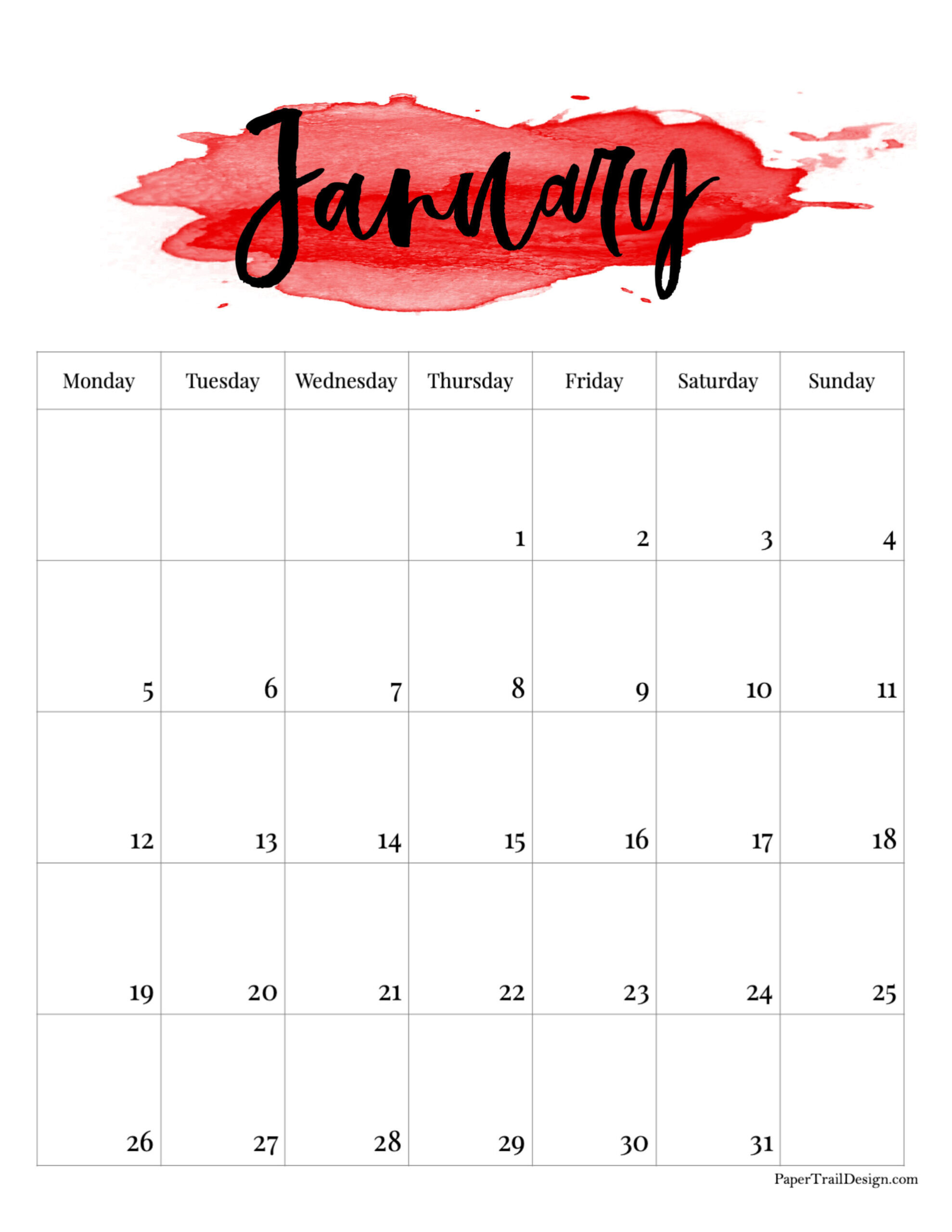 2026 Monday Start Watercolor Calendar - Paper Trail Design in January 2026 Calendar Printable Monday Start
