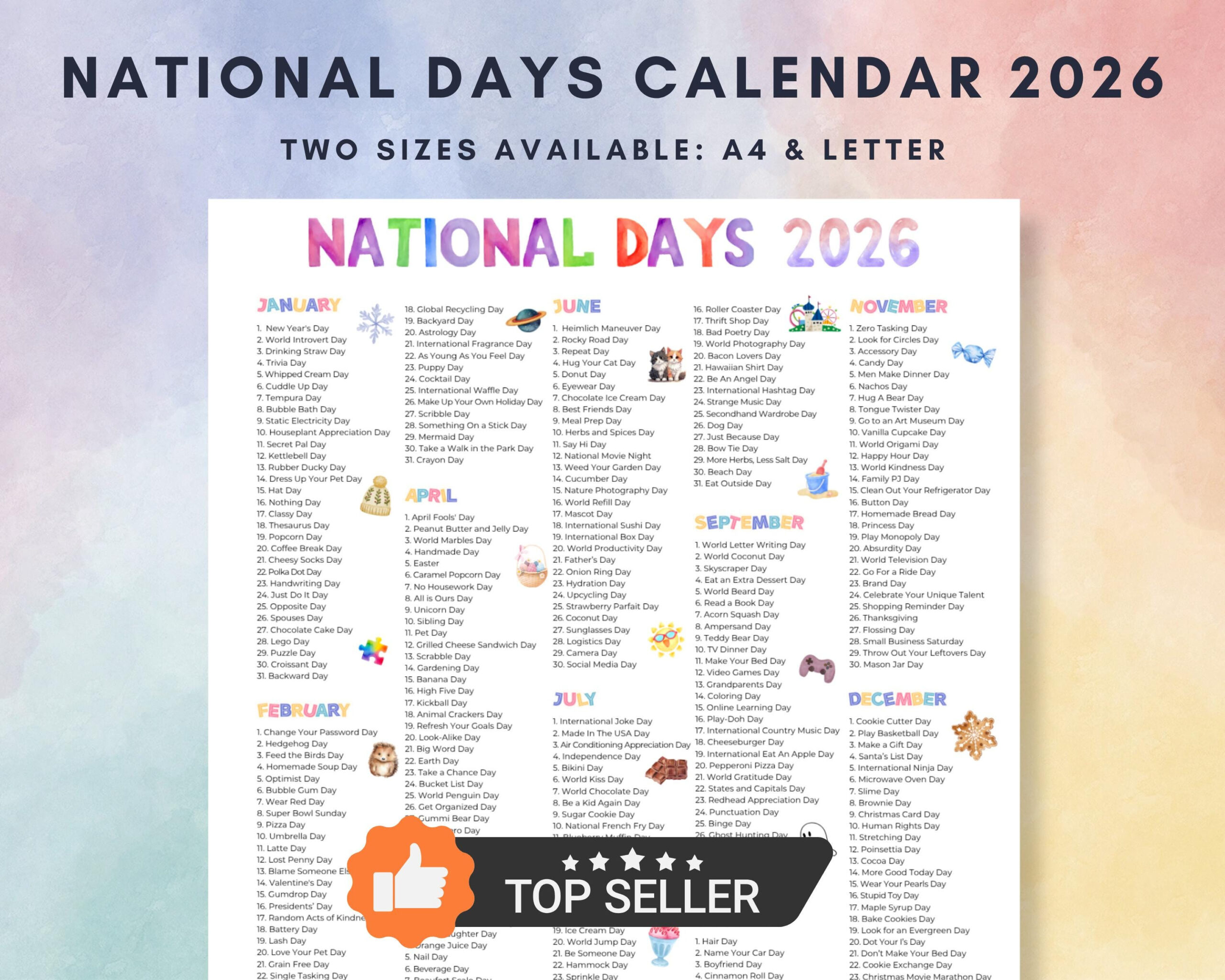 2026 National Days Calendar Printable (A4 &amp;amp; Letter Pdf) - Etsy Uk regarding National Day Calendar 2026