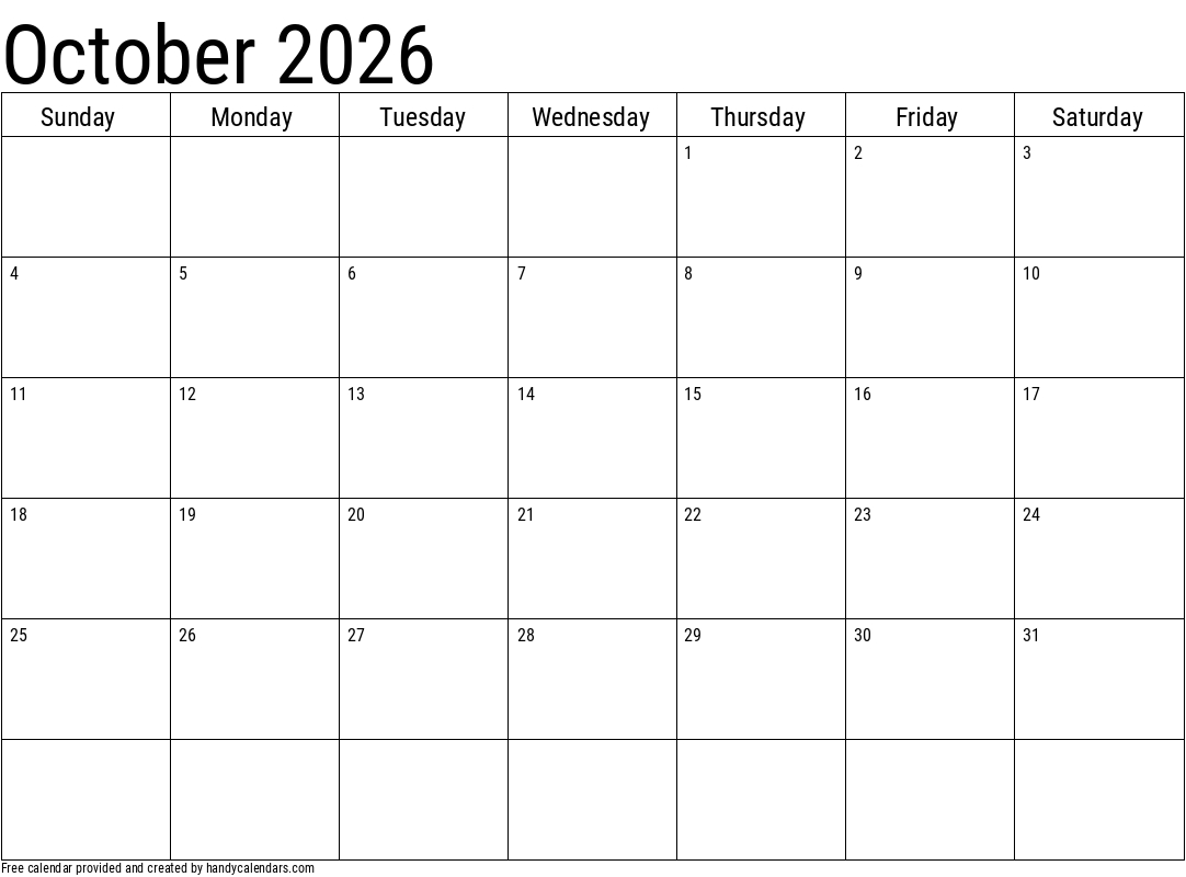 2026 October Calendars - Handy Calendars pertaining to October 2026 Calendar Printable