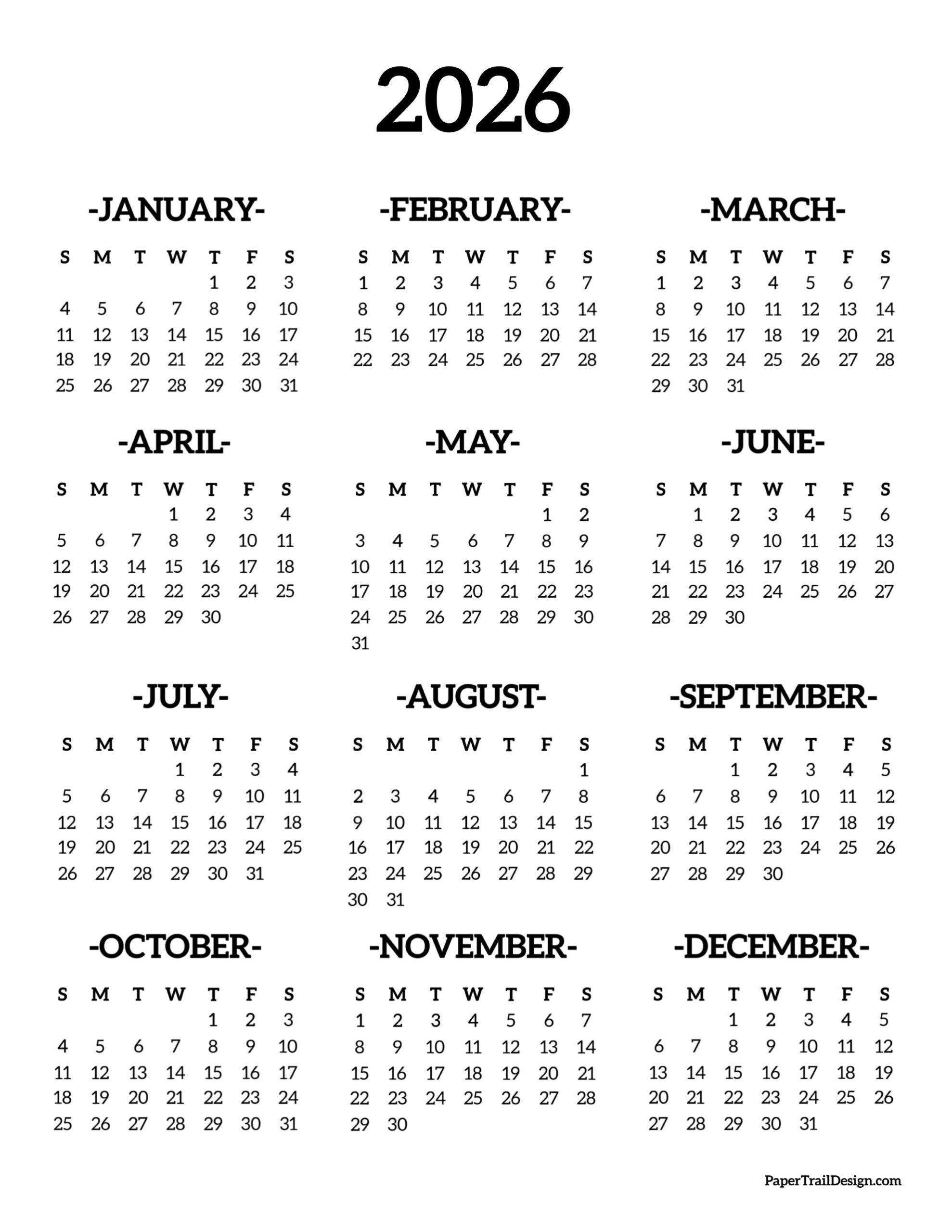 2026 Printable Calendar One Page - Paper Trail Design in 2026 Calendar Printable Pages