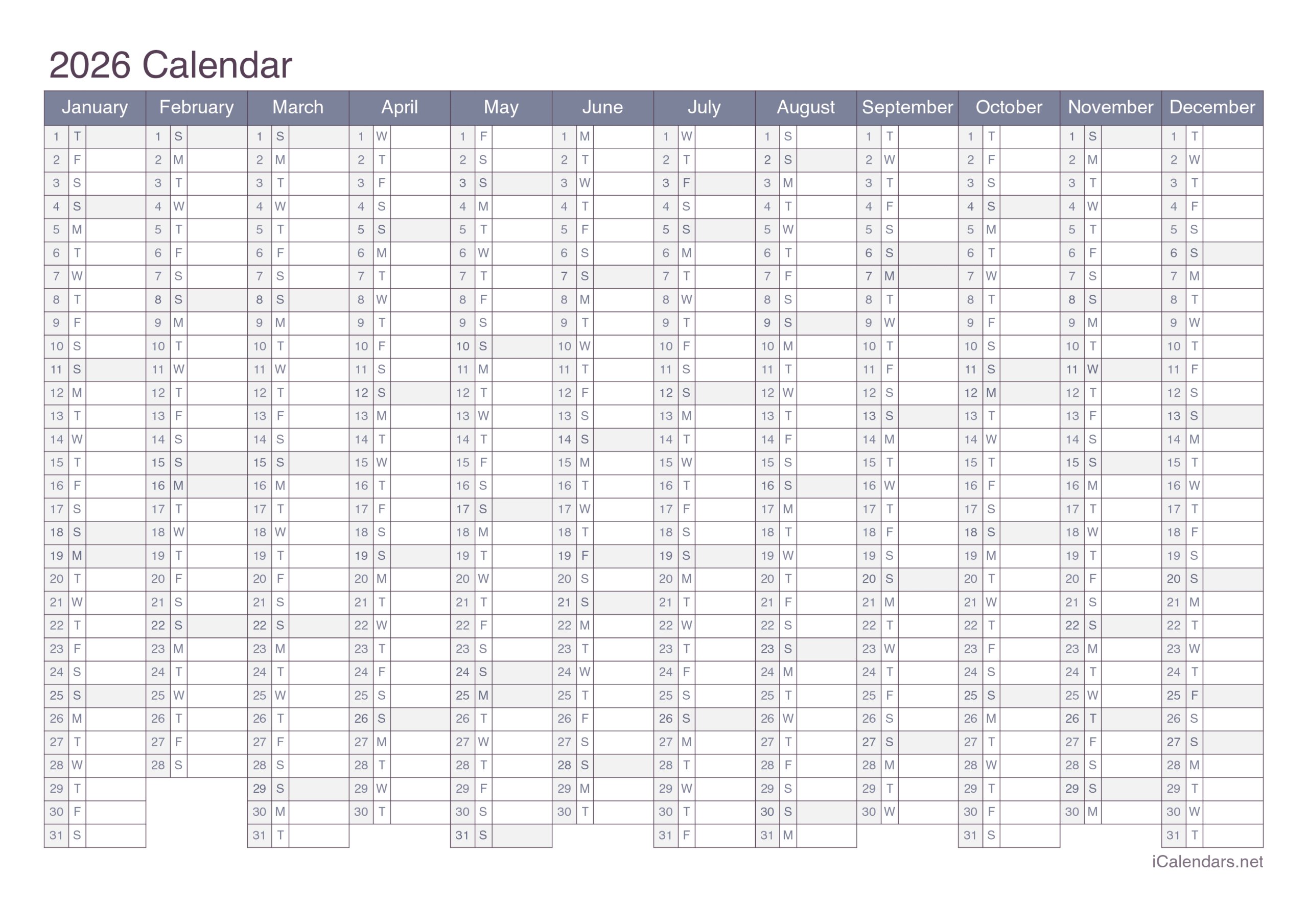 2026 Printable Calendar - Pdf Or Excel regarding 2026 Calendar Printable No Download
