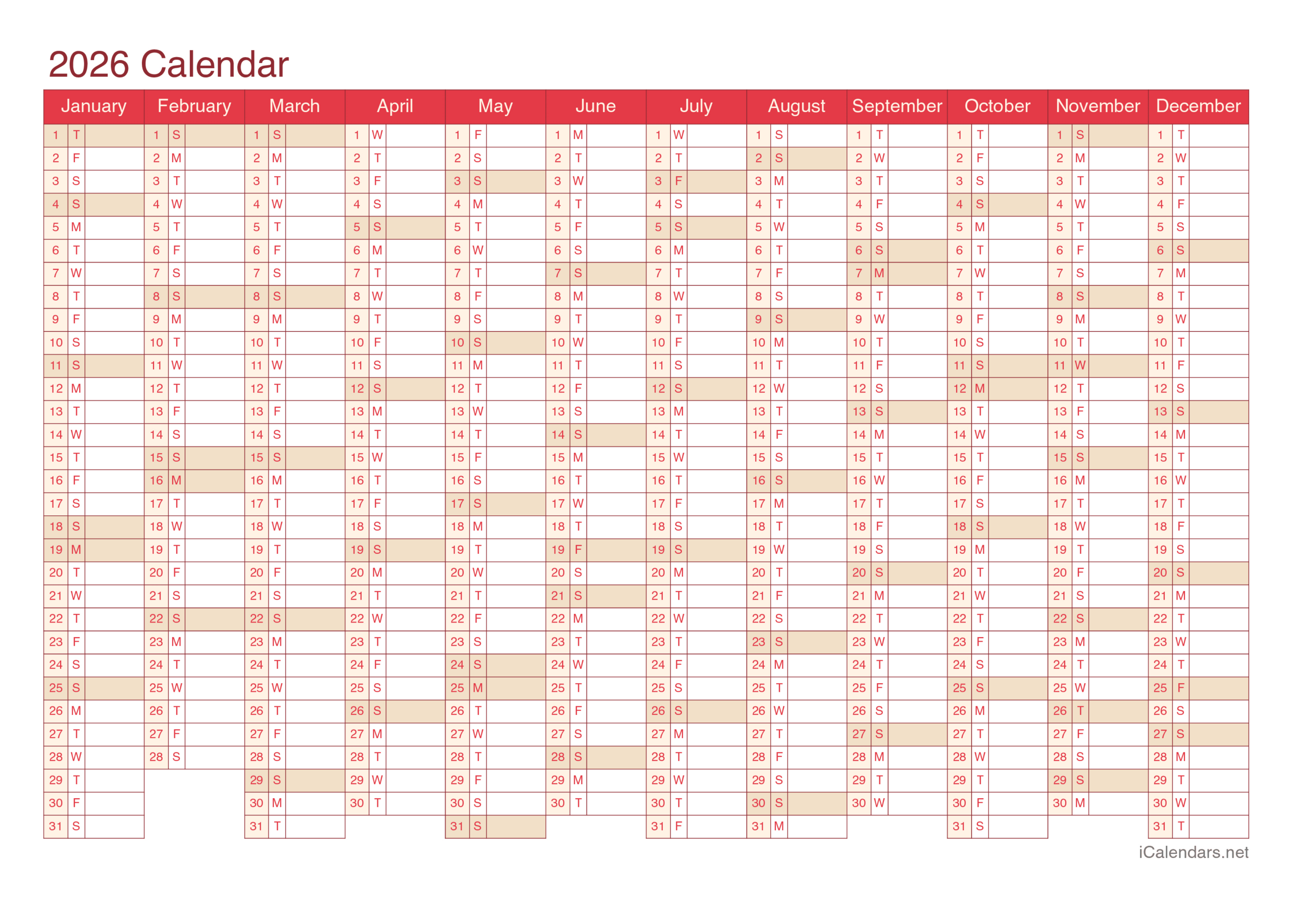 2026 Printable Calendar - Pdf Or Excel throughout 2026 Calendar Printable A4 Yearly