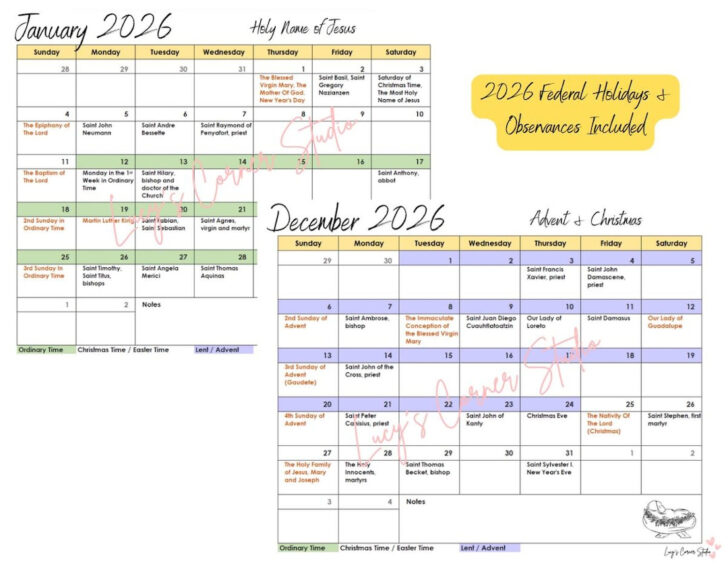 Catholic Calendar 2026 Printable Free