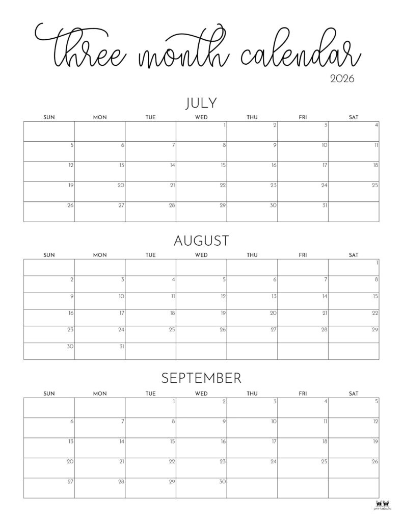 2026 Three Month/Quarterly Calendars - 36 Free Cals | Printabulls pertaining to 2026 Calendar Printable Quarterly