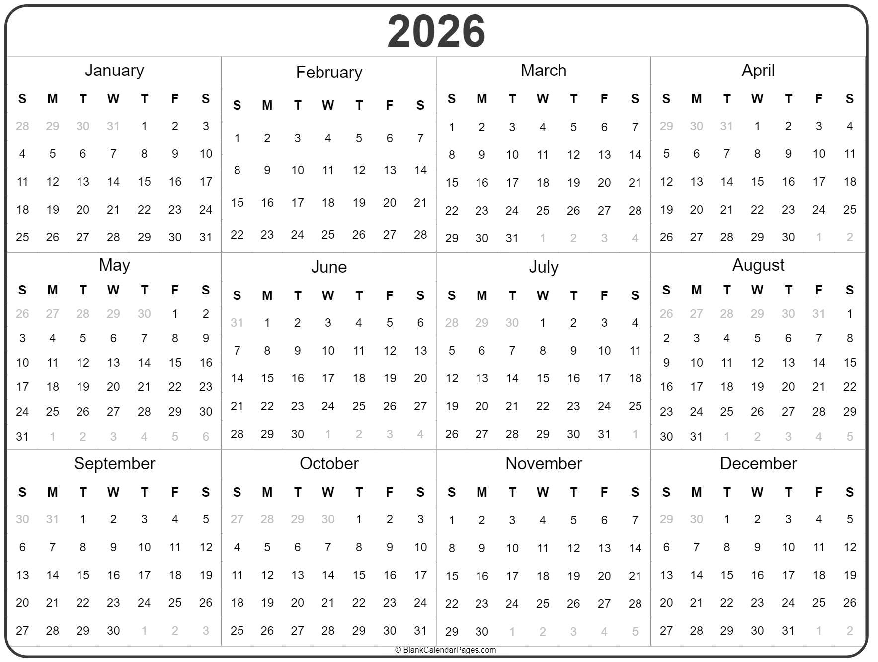 2026 Year Calendar | Yearly Printable in 2026 Calendar Printable Year