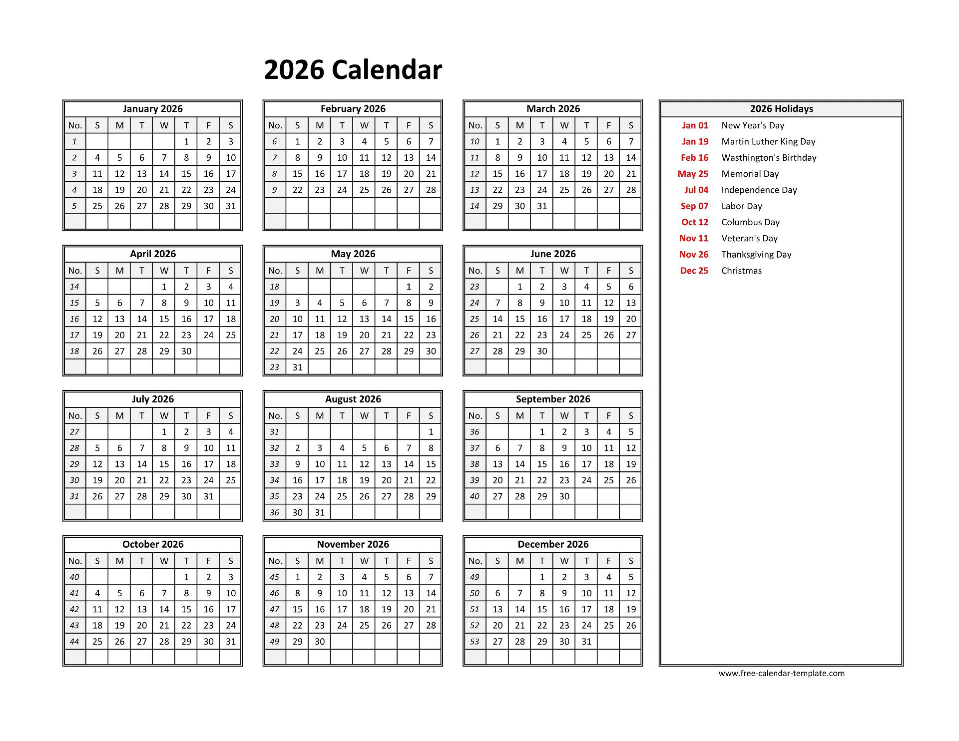 2026 Yearly Calendar Printable With Week Numbers | Free-Calendar intended for 2026 Employee Attendance Calendar Template Free