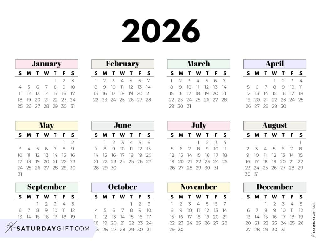 2026 Yearly Calendars - 35 Free Printables regarding 2026 Calendar Printable Pretty