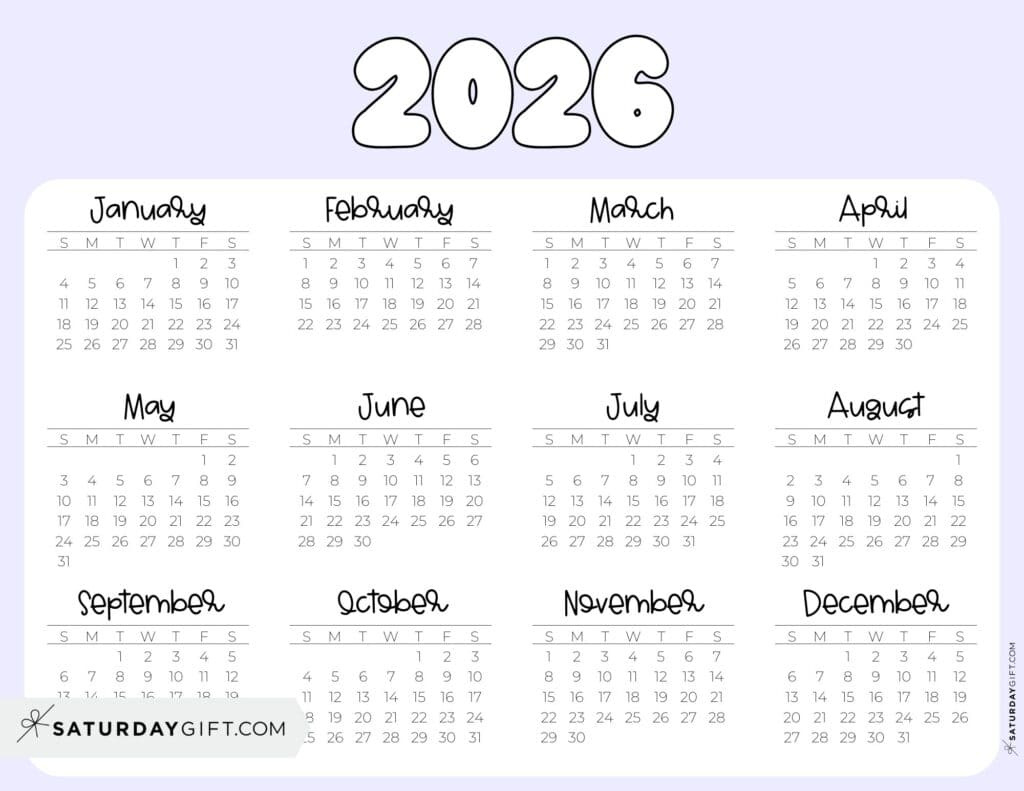 2026 Yearly Calendars - 35 Free Printables regarding Calendar 2026 Printable Landscape