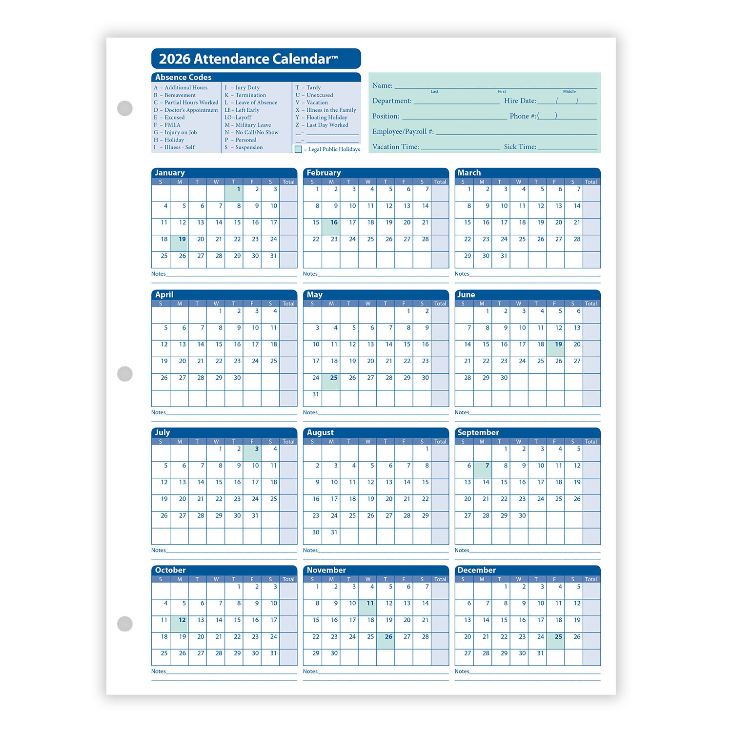 2026 Yearly Employee Attendance Calendar | Yearly Calendar | Hrdirect inside 2026 Attendance Sheets