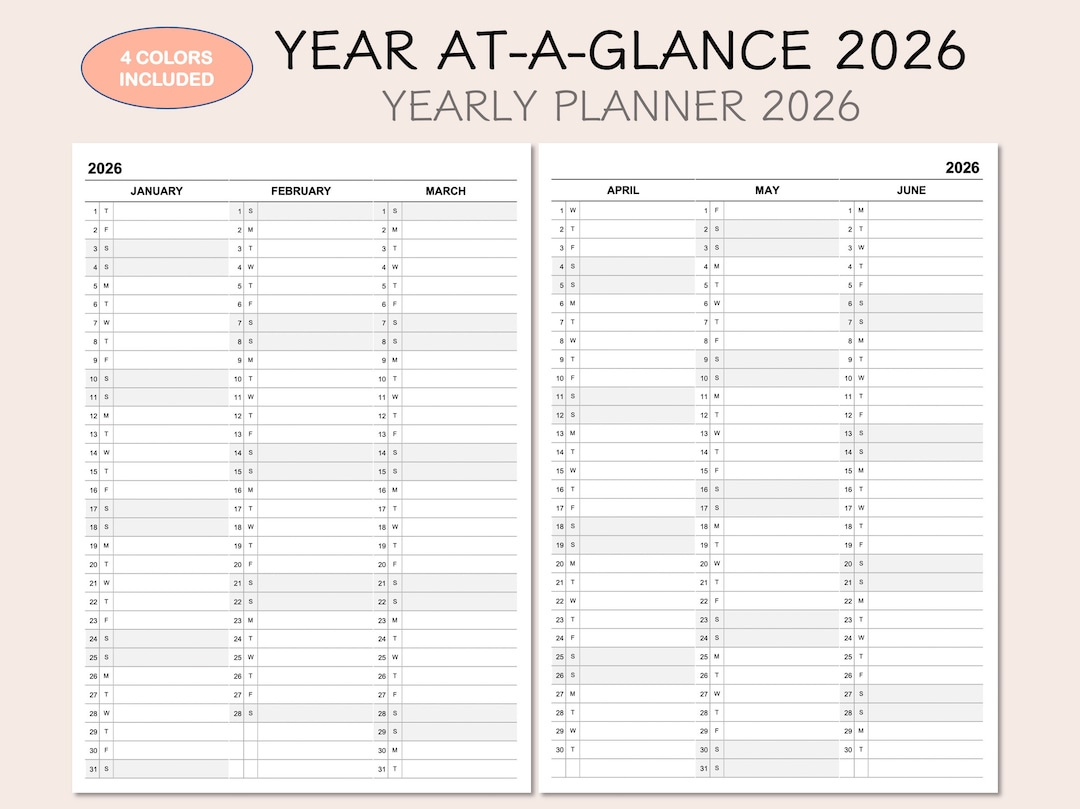 2026 Yearly Planner Calendar, Year At-A-Glance, 4 Colors regarding At A Glance Yearly Calendar 2026
