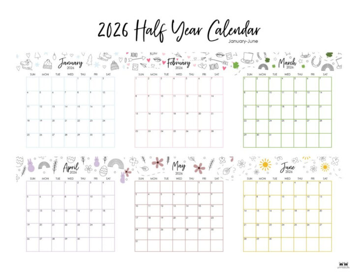 6 Month Printable Calendar 2026