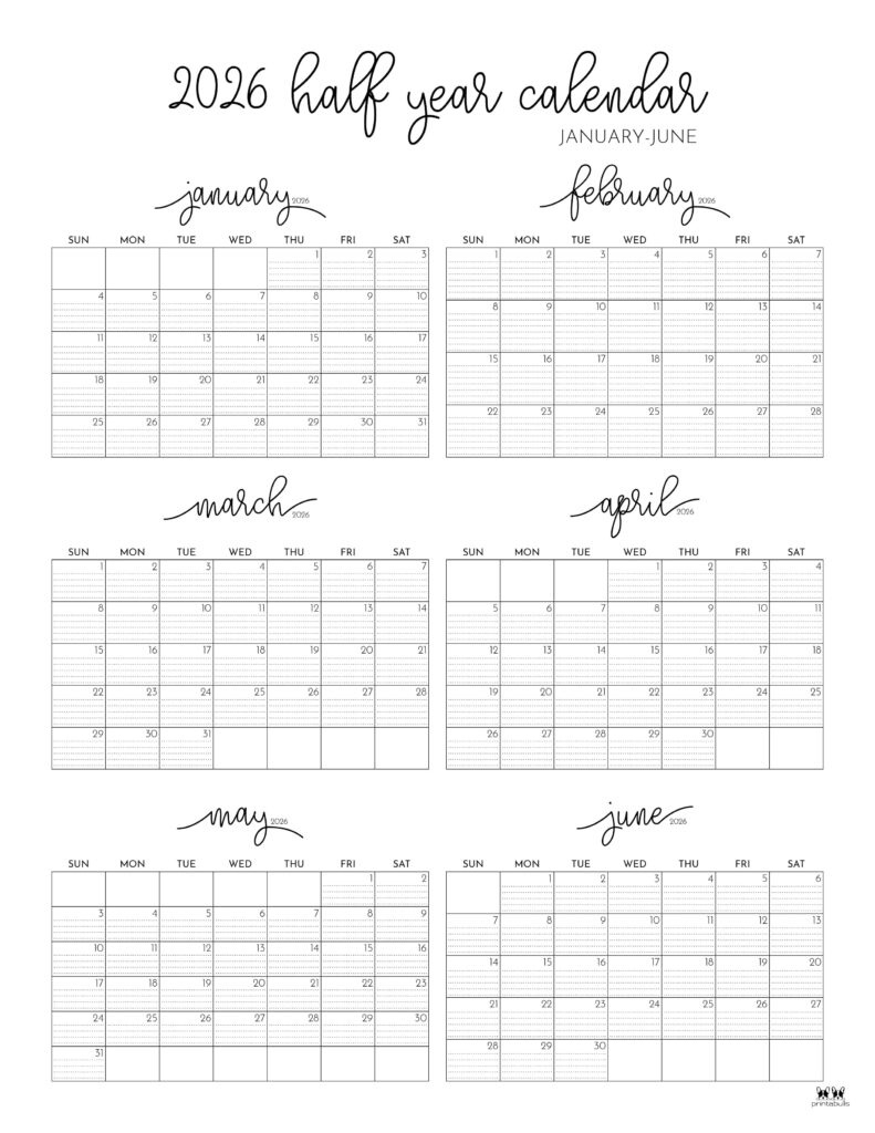 6 Month Calendars 2026 - 40 Free Calendars | Printabulls regarding January to June 2026 Calendar Printable