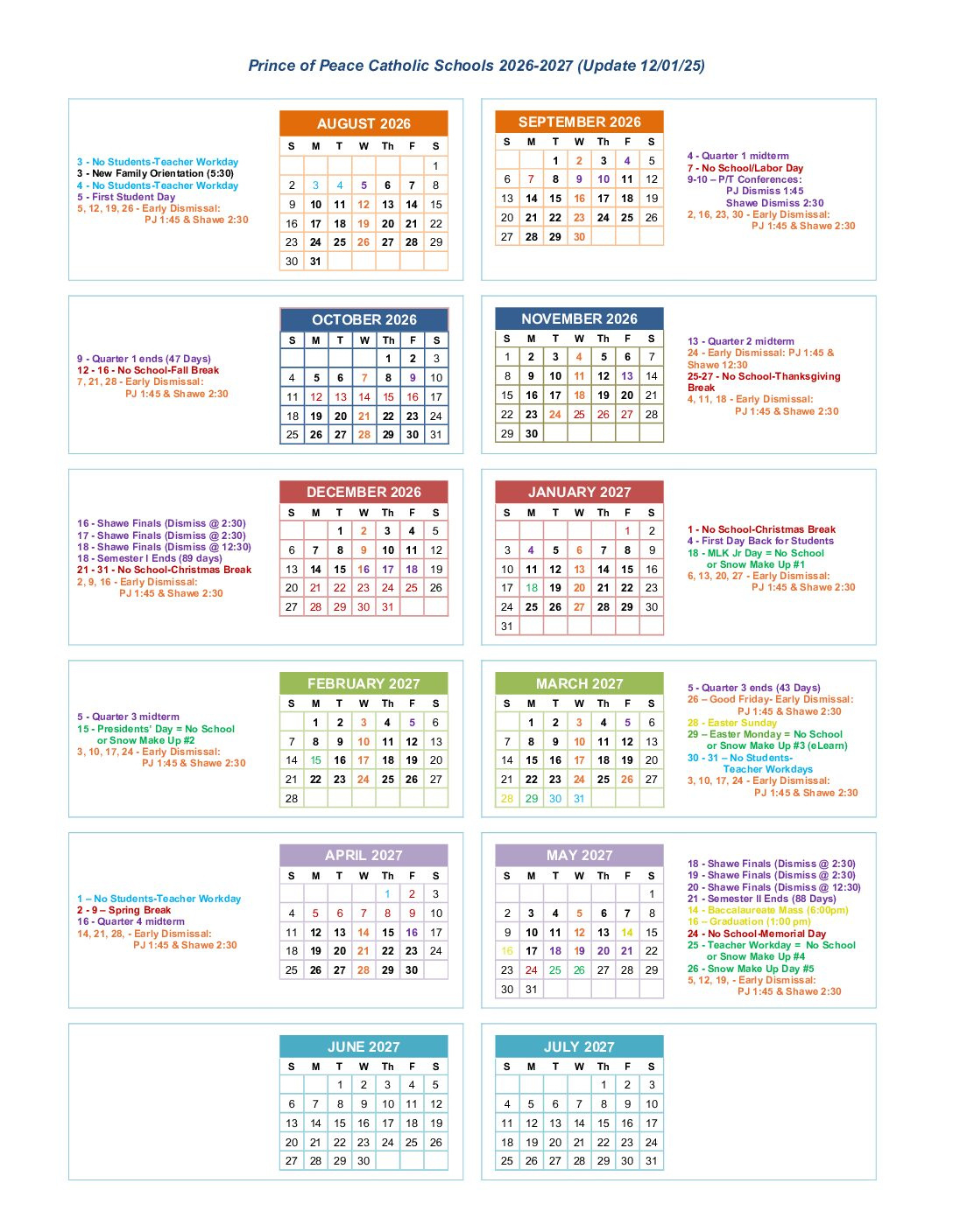 Academic &amp;amp; Lunch Calendars - Prince Of Peace Catholic Schools for Catholic School Calendar 2026 - 2027