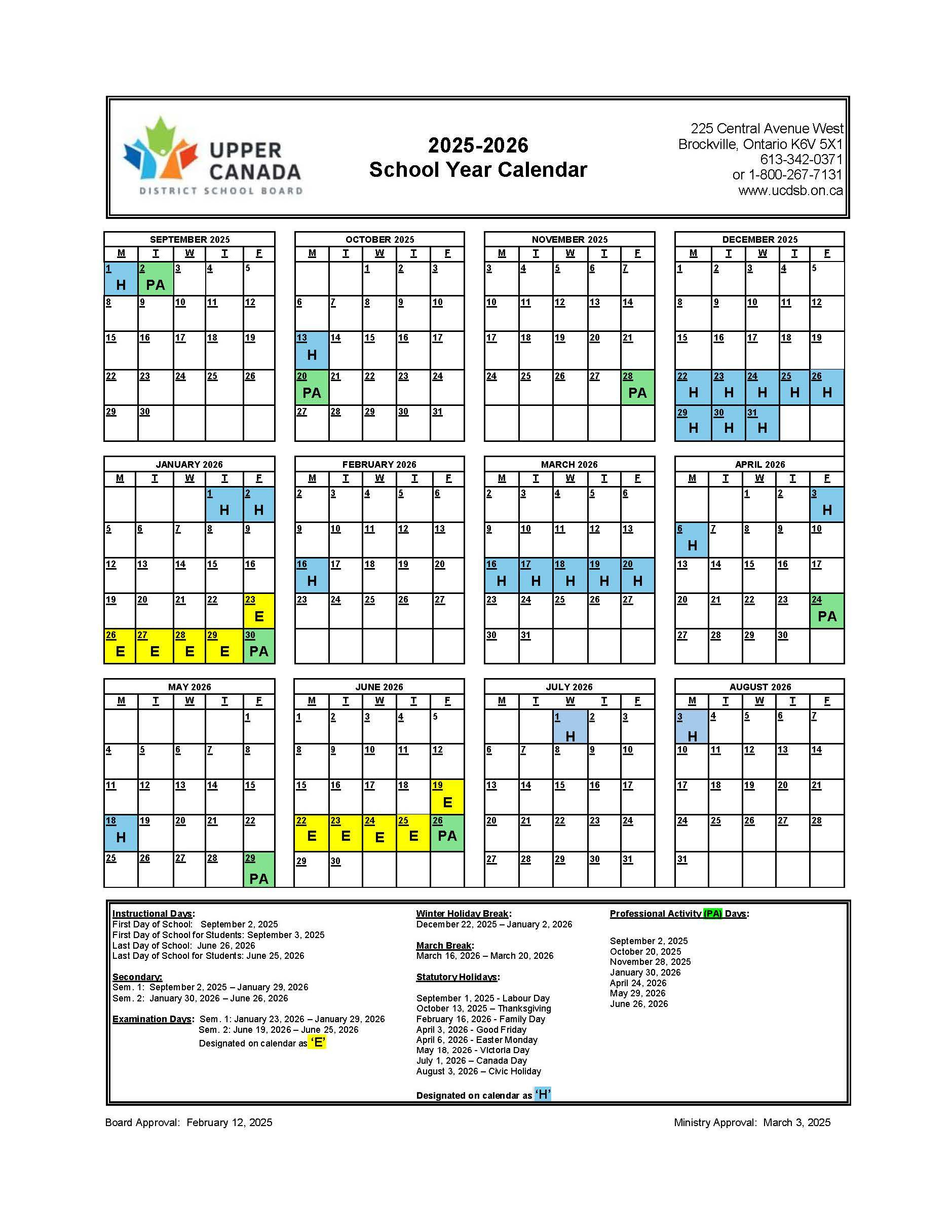 Approved 2025-2026 School Year Calendar - Upper Canada District pertaining to Ottawa Catholic School Board Calendar 2026