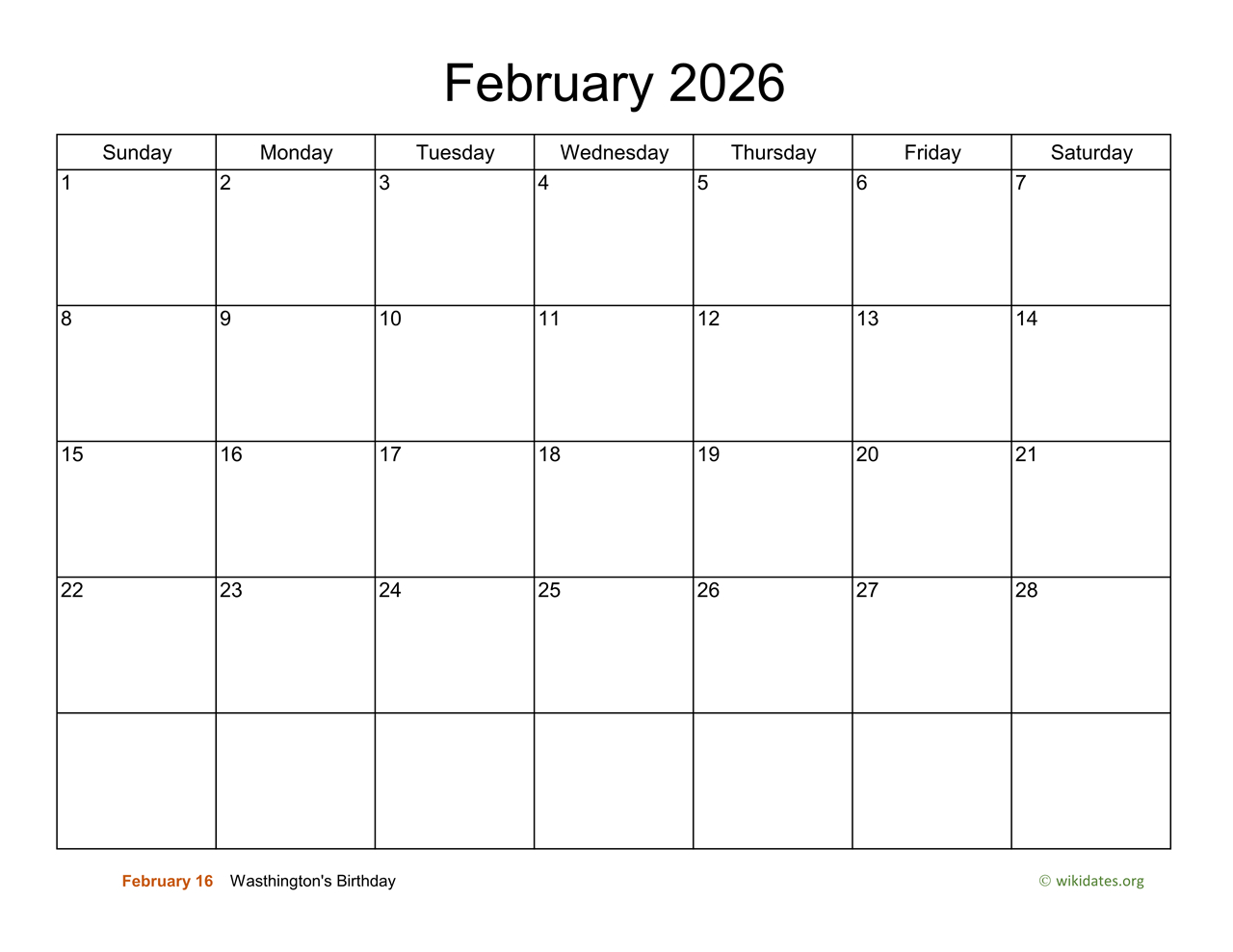 Basic Calendar For February 2026 | Wikidates within February 2026 Calendar Printable Wiki