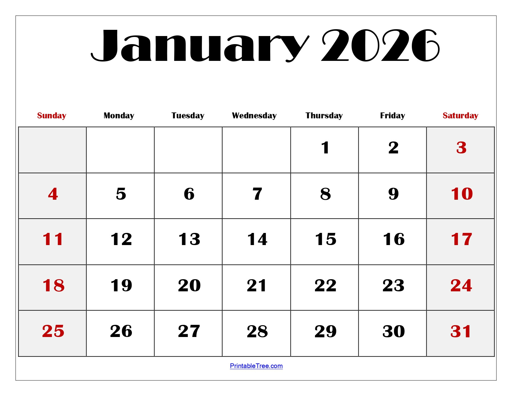Blank January 2026 Calendar Printable Pdf Templates for 2026 Calendar Printable Tree