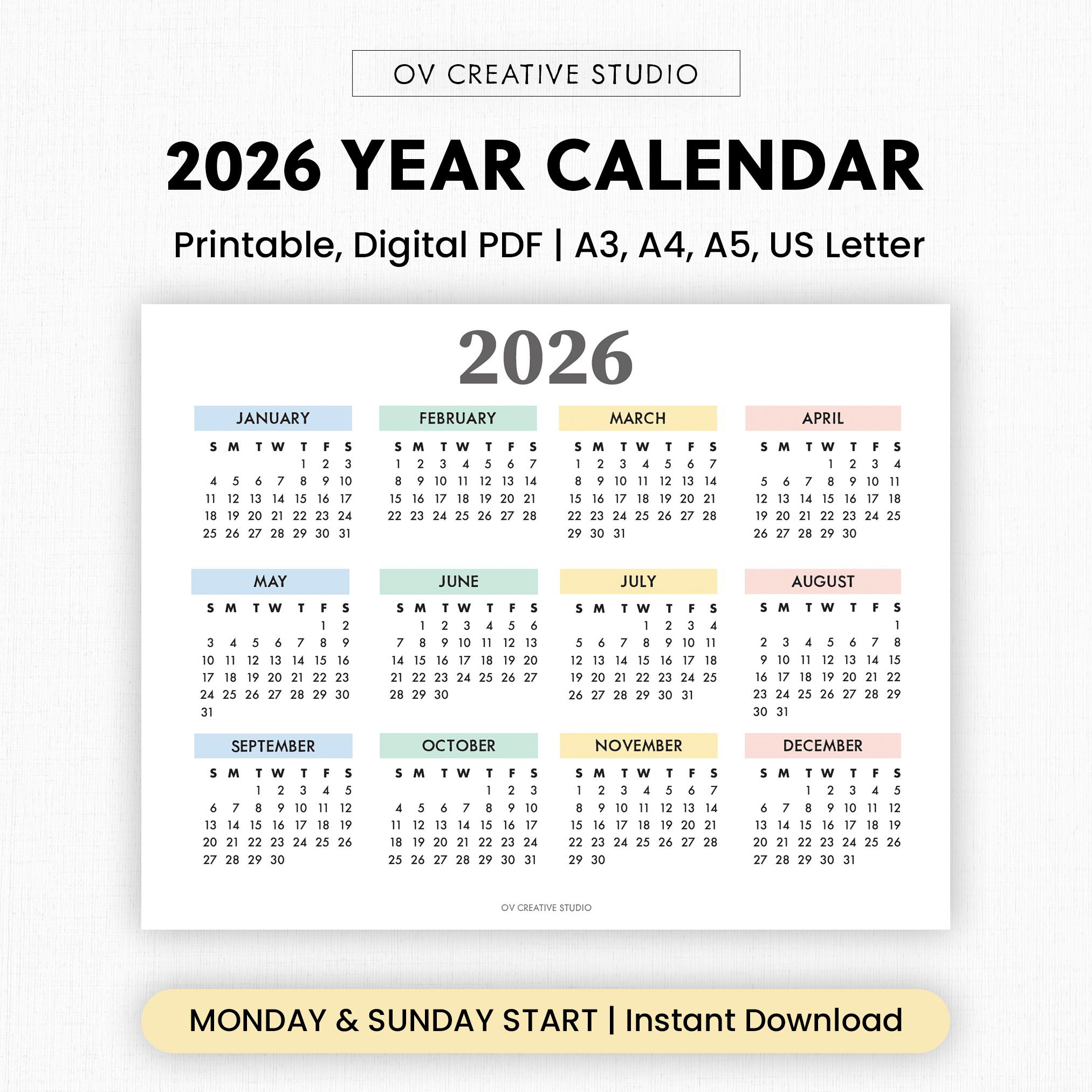 Buy 2026 Year Calendar Printable | Year At A Glance | Digital inside At a Glance Calendars For 2026