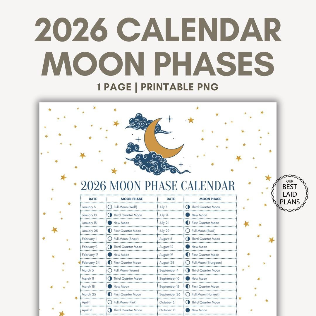 Buy Moon Phase Calendar 2026 Printable, Lunar Cycle Calendar 2026 , Lunar  Moon Phase Schedule Calendar 2026, Moon Phases 2026 Full Moon Calendar in Moon Phase Calendar 2026 Astrology
