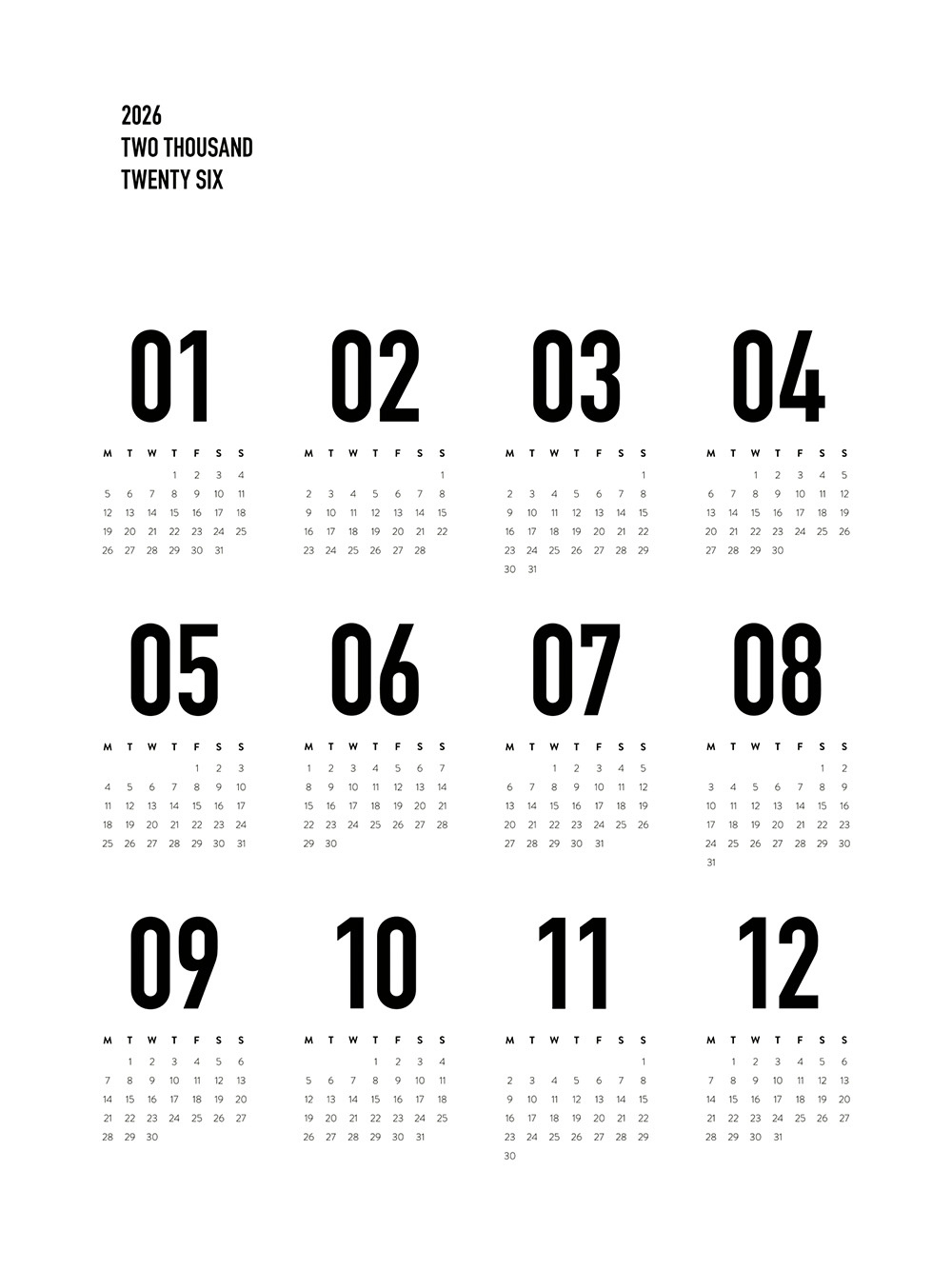 Calendar 2026 Bw Poster pertaining to Calendar 2026 And 2026